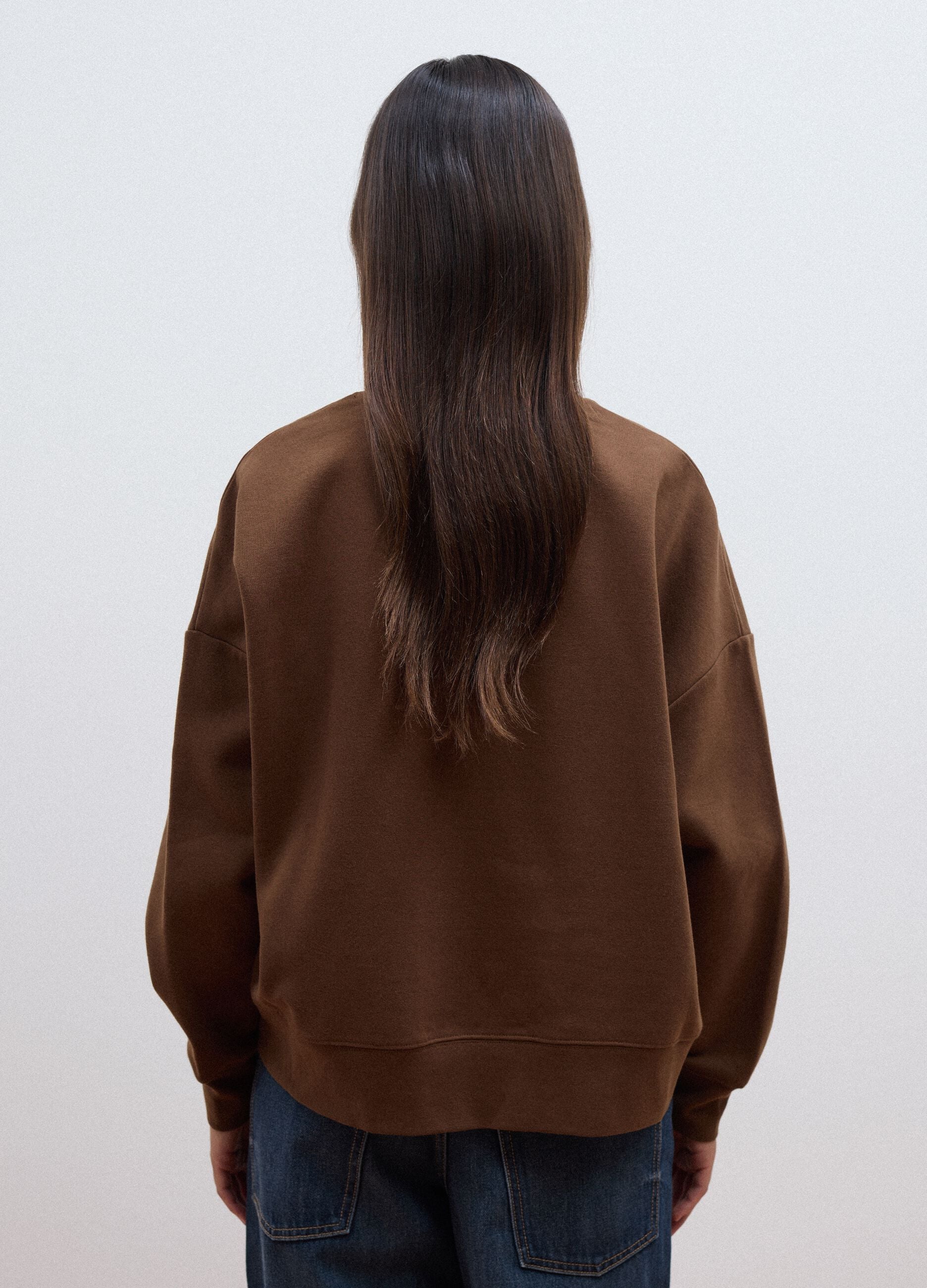 Brown cotton-blend crew-neck sweatshirt with floral pattern