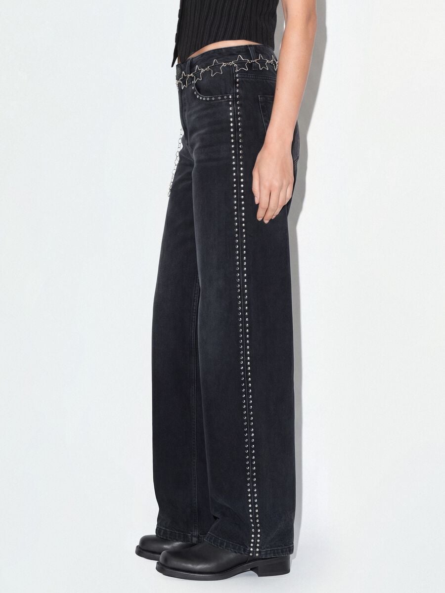 Black pure cotton wide-leg jeans with studs_3
