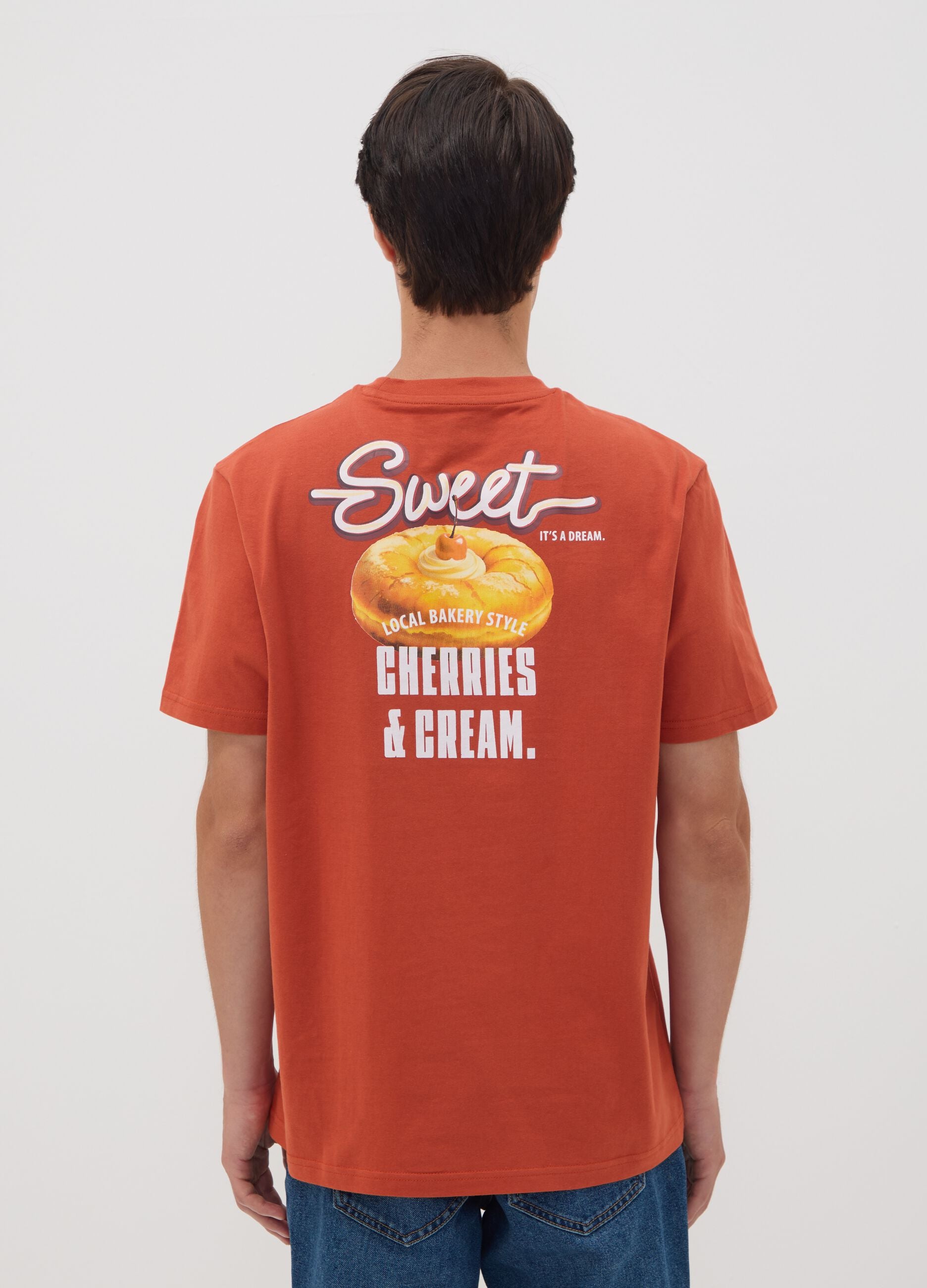 Red pure cotton jersey T-shirt with graphic print, regular fit