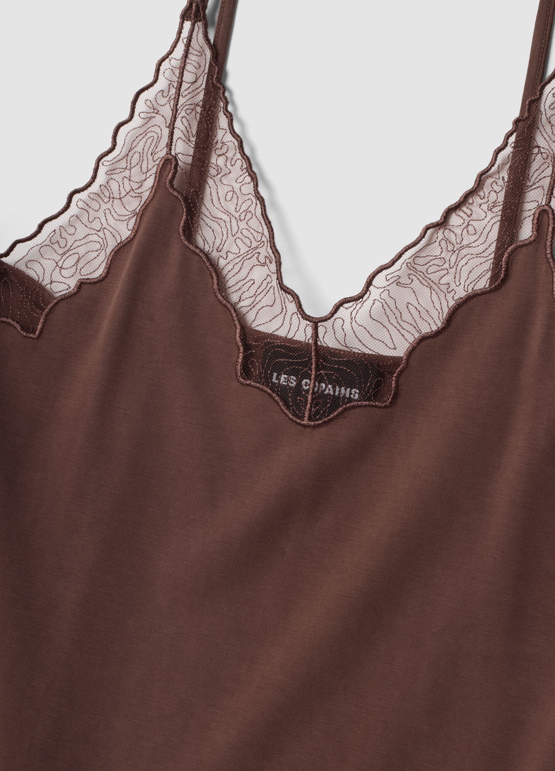 Brown stretch viscose tank top with lace and V-neckline