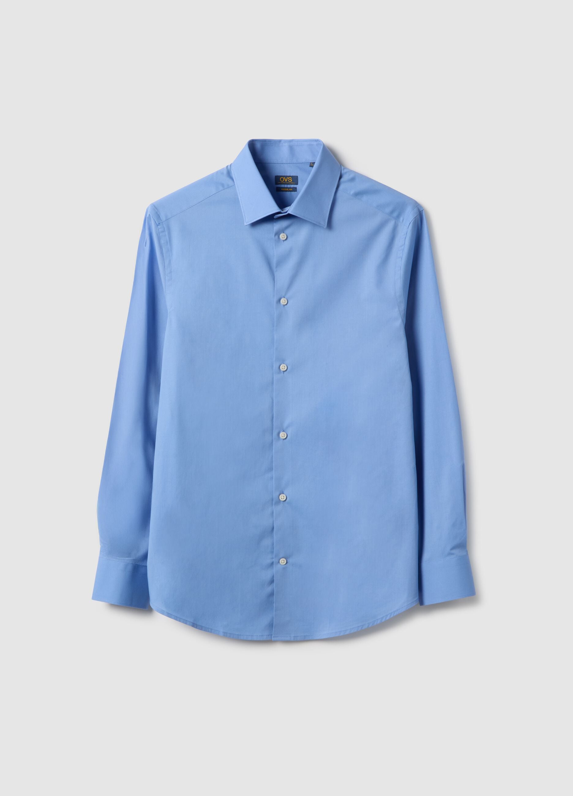 Blue stretch cotton regular fit shirt with classic collar