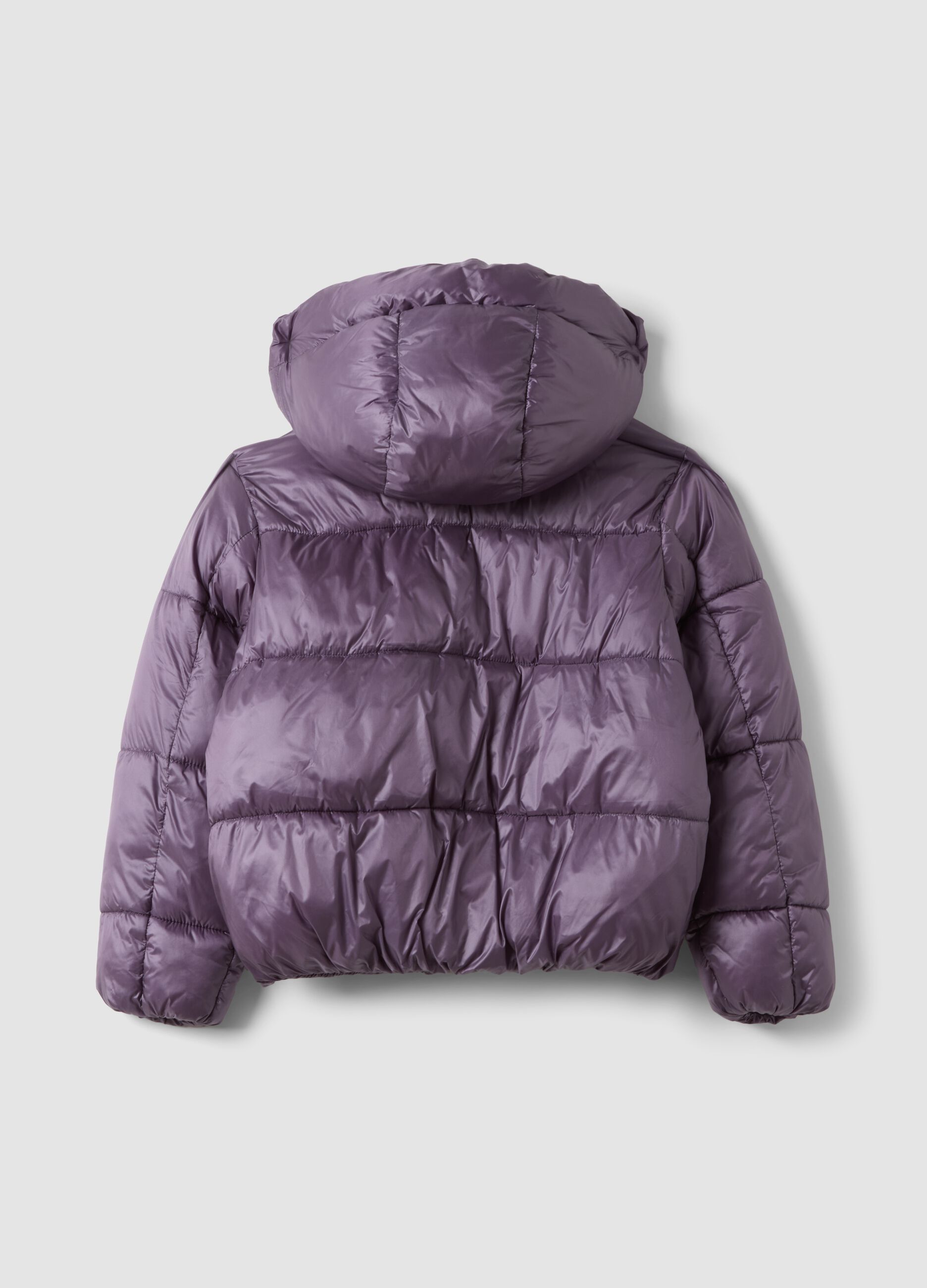 Purple hooded padded jacket with zip fastening