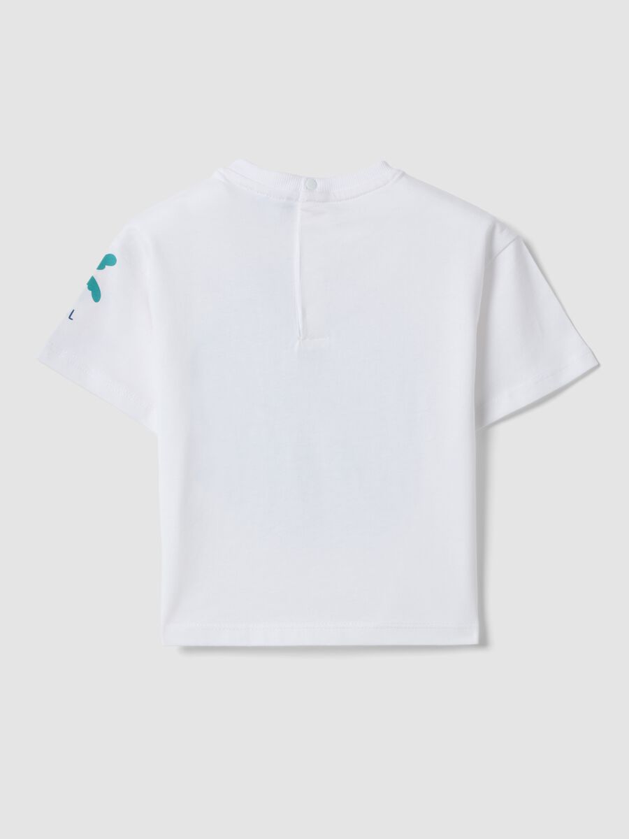T-shirt bianca a maniche corte in puro cotone con stampa coccodrillo per bimbo over fit_1