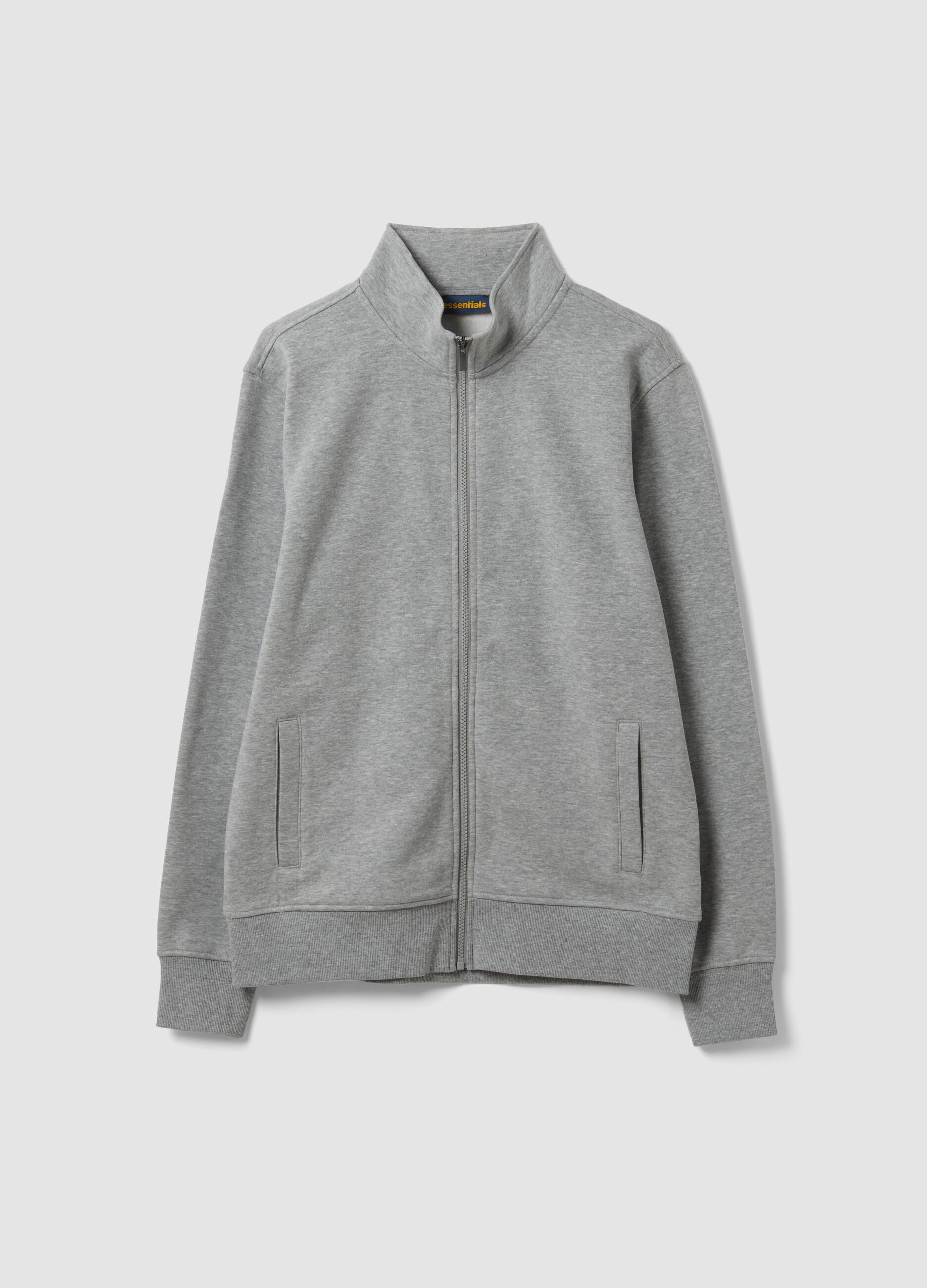 Grey cotton-blend sweatshirt with crew neck and zip, regular fit