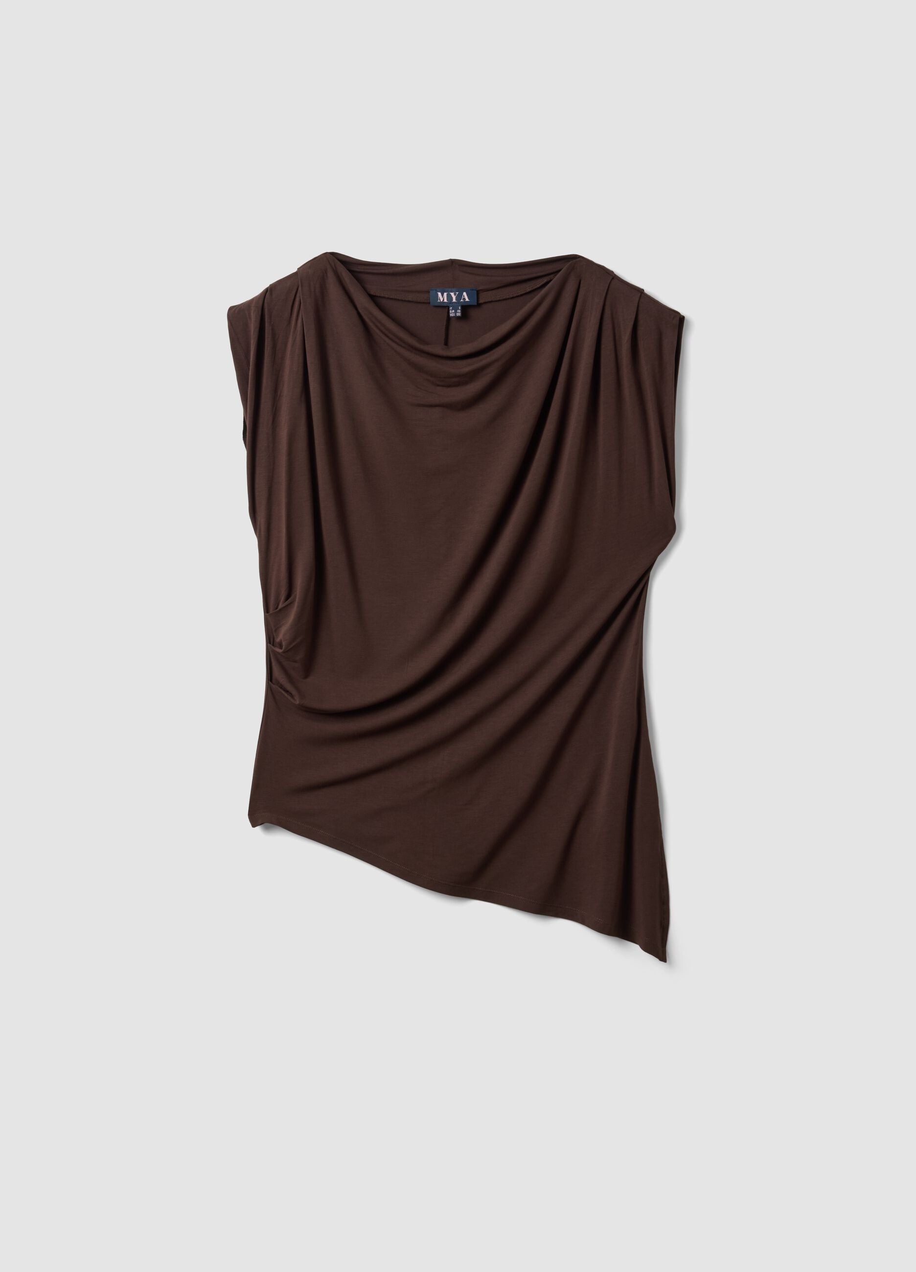 Brown stretch viscose T-shirt with draped neckline