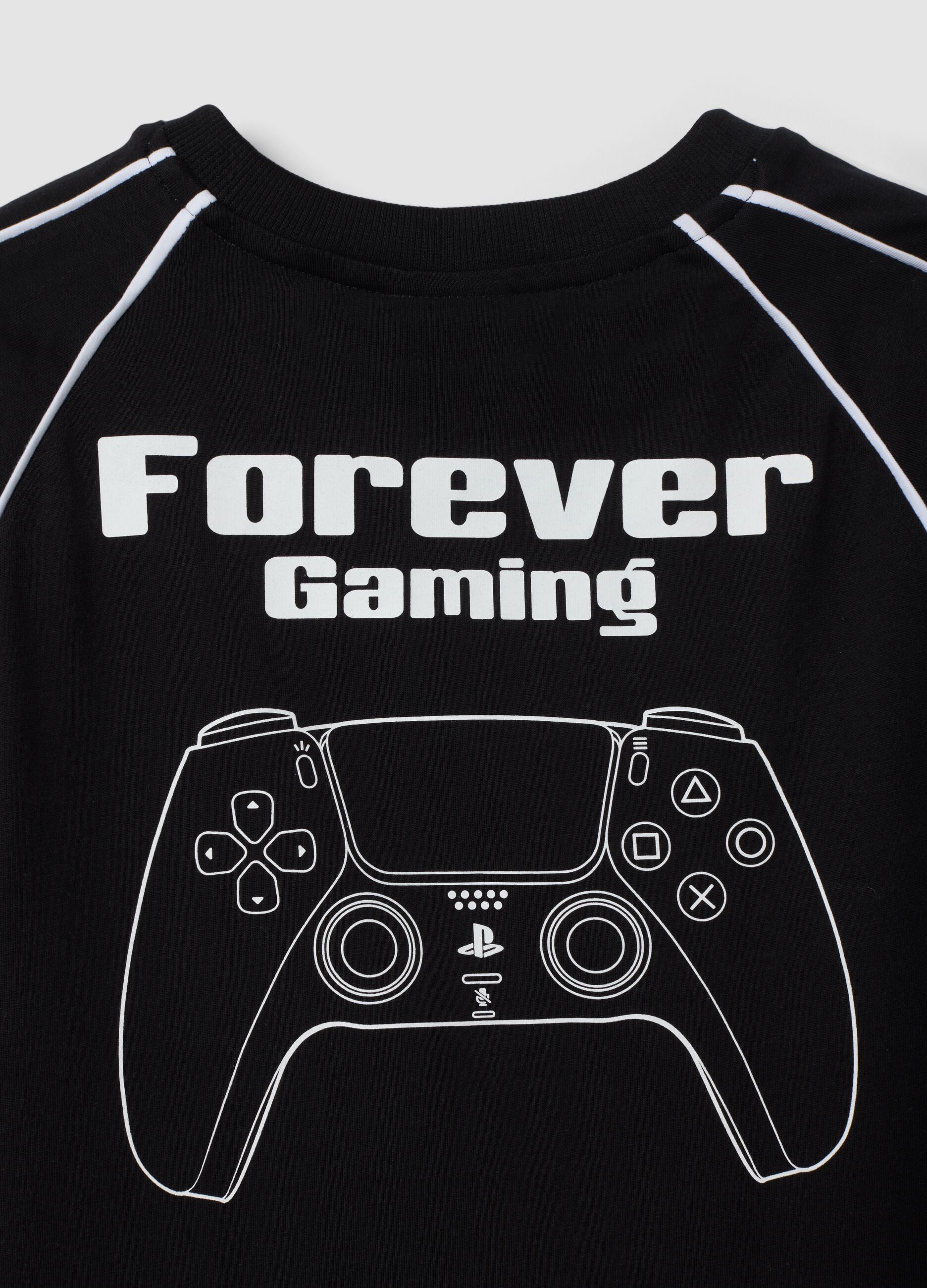 Black pure cotton crew-neck T-shirt with PlayStation print