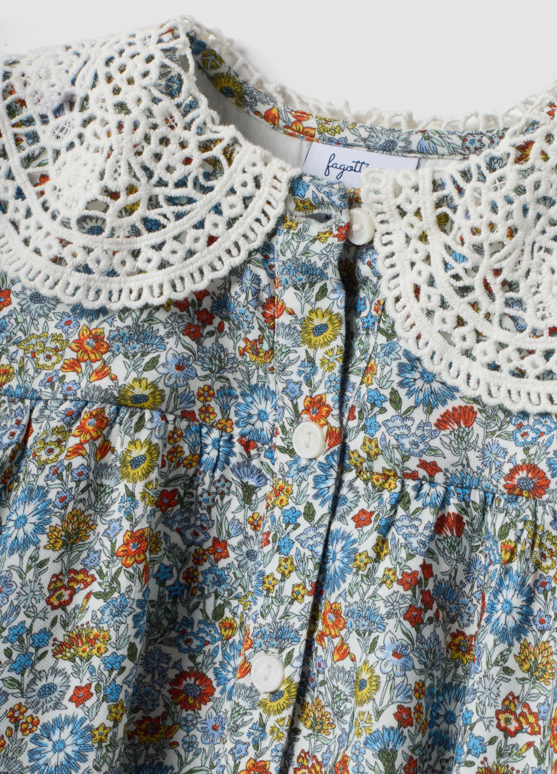 Multicolour pure viscose floral dress with lace collar