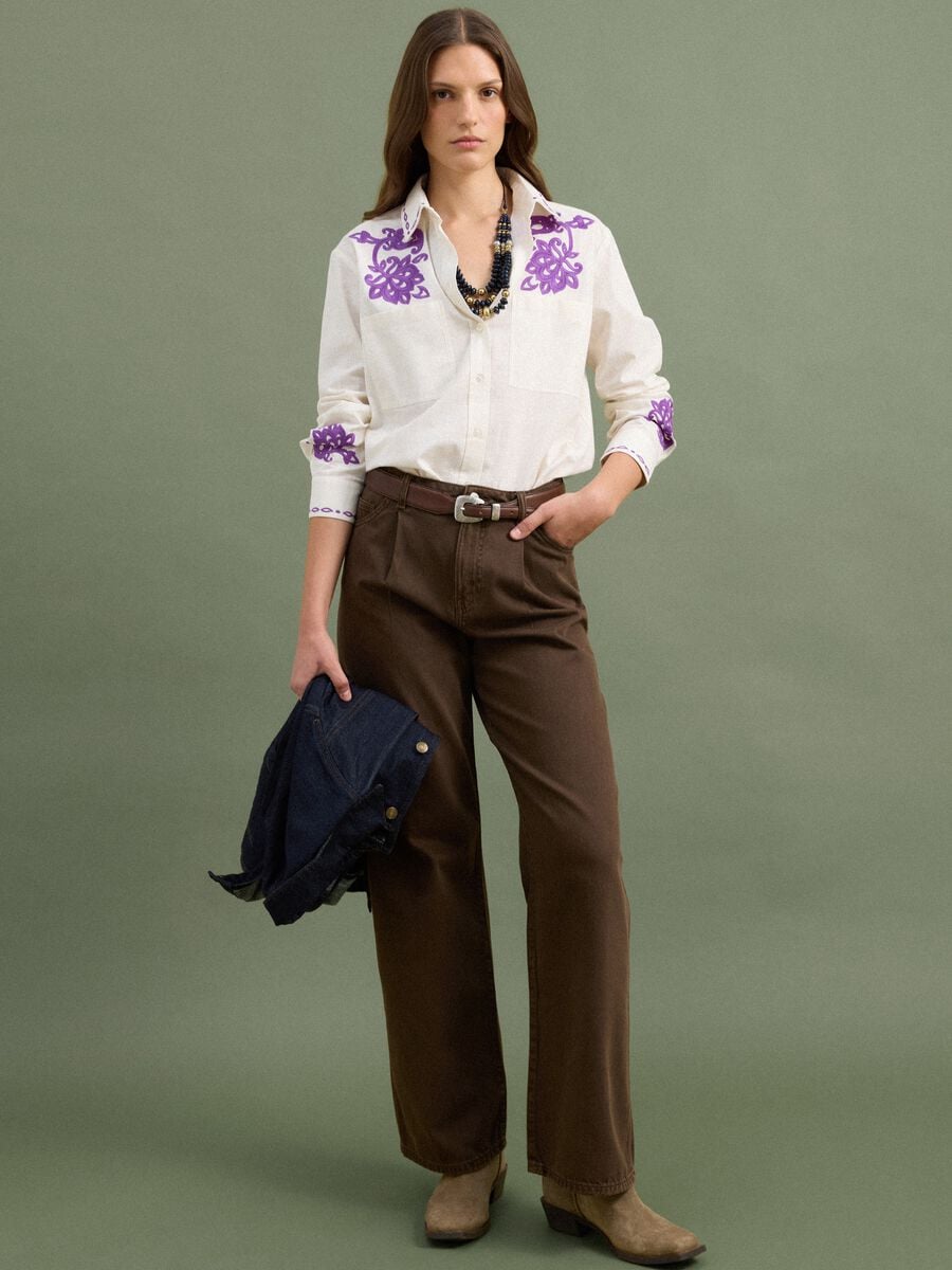 White pure cotton oversized shirt with purple embroidery_2