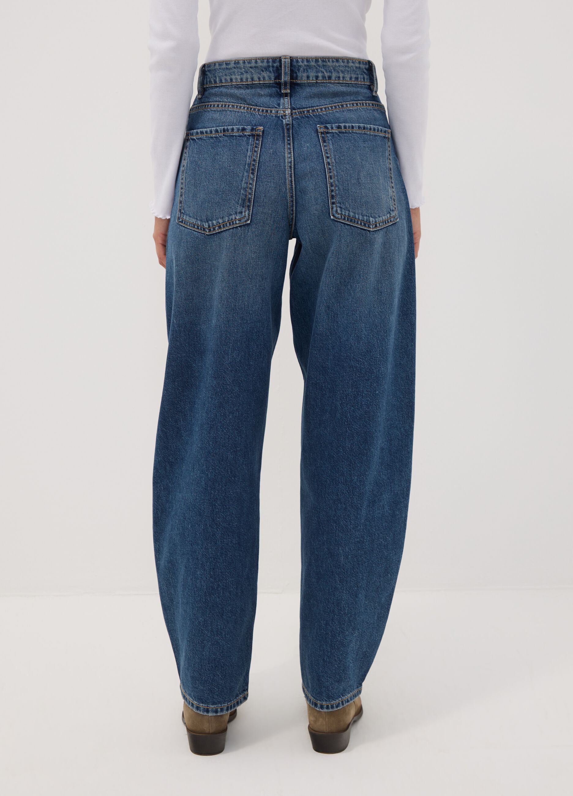 Dark blue pure cotton denim barrel-fit jeans