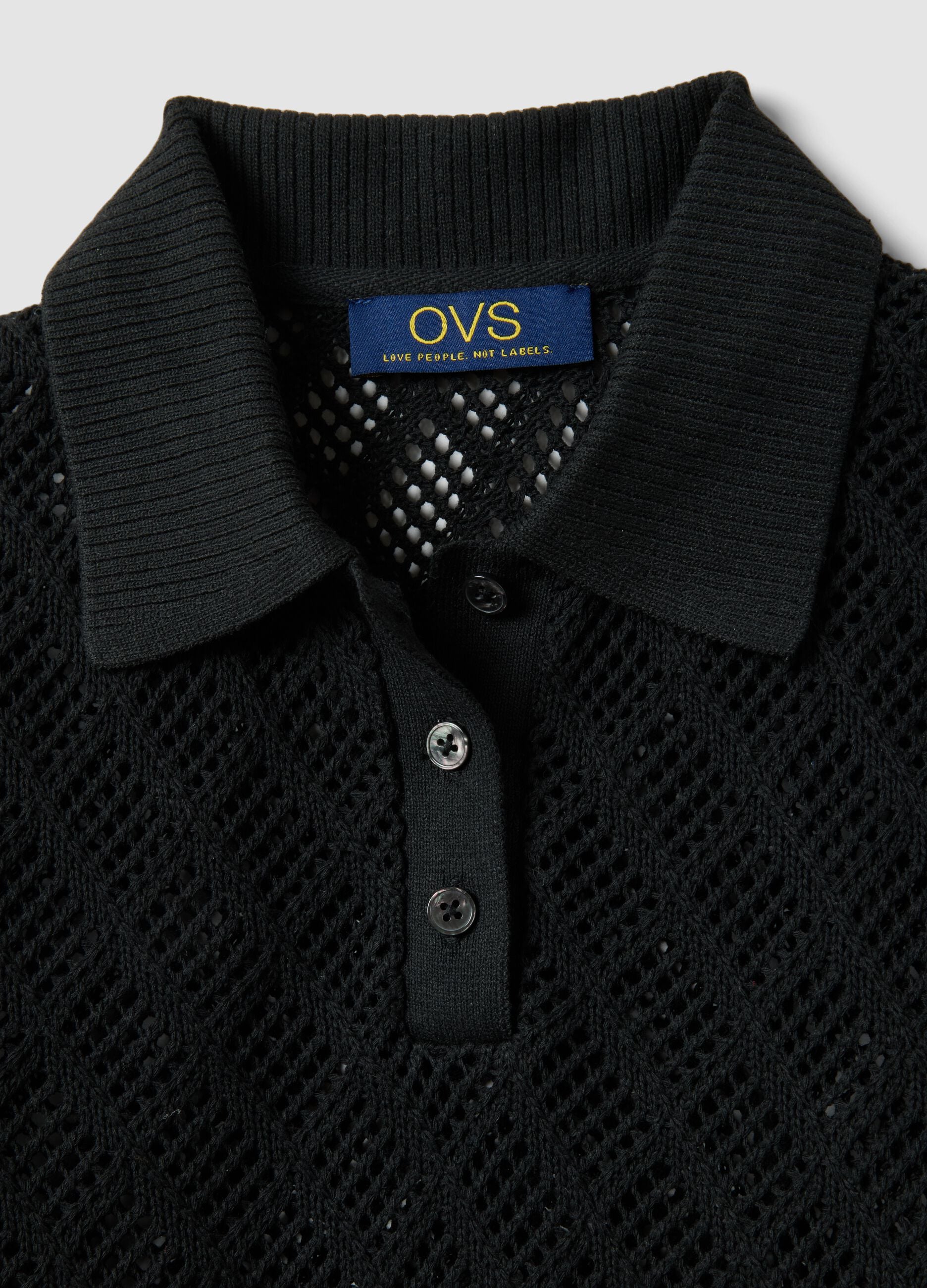 Black regular fit polo with mesh texture