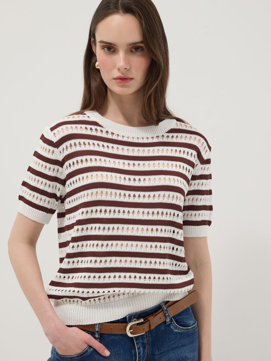 White and brown striped open-knit viscose-blend T-shirt, regular fit_1