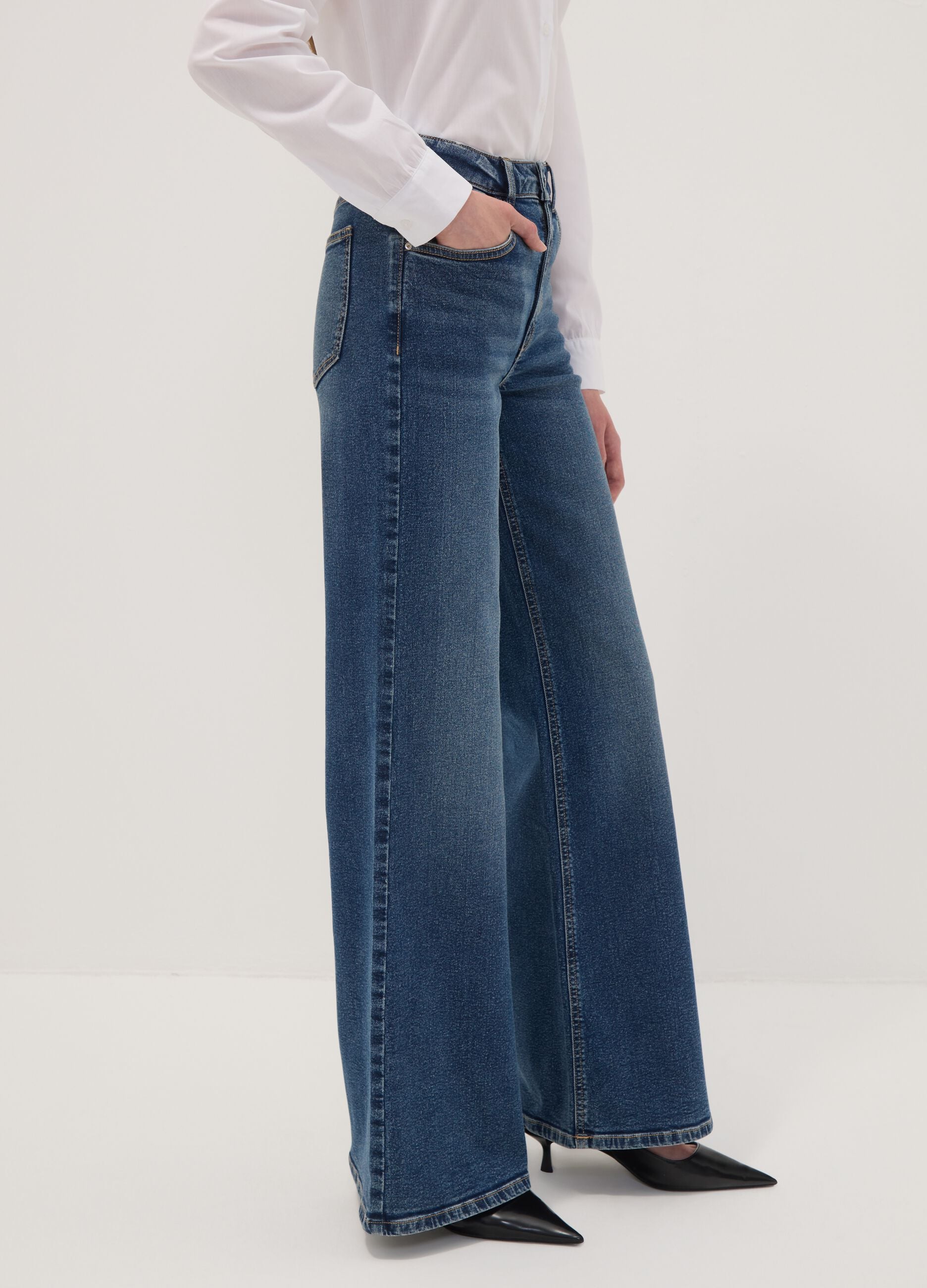 Blue high-waisted wide-leg stretch cotton jeans