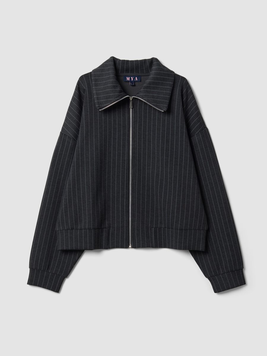 Grey striped stretch viscose full-zip sweatshirt with collar_0