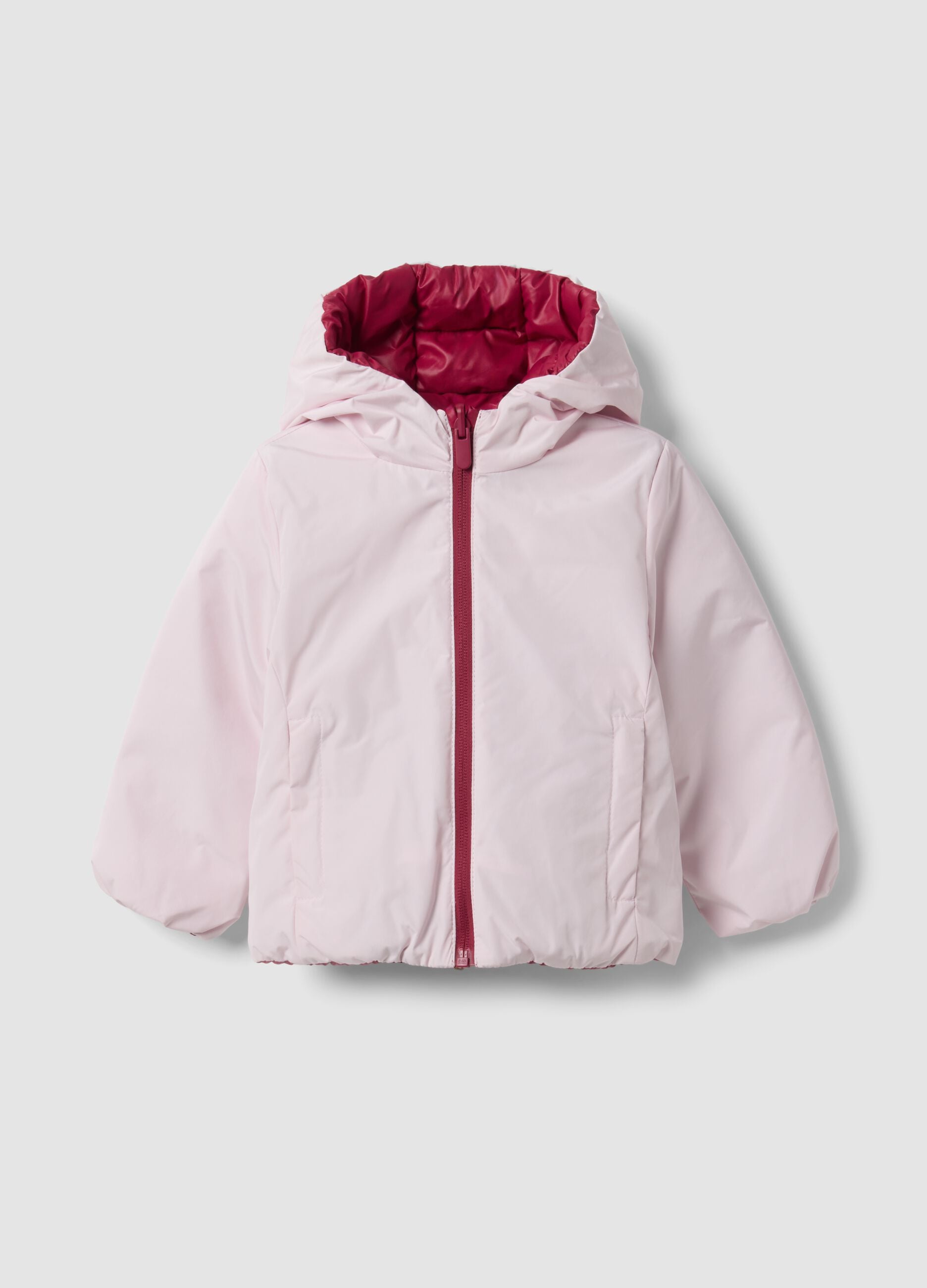 Reversible Ultralight Pink and Red Hooded Zip Jacket for Girls