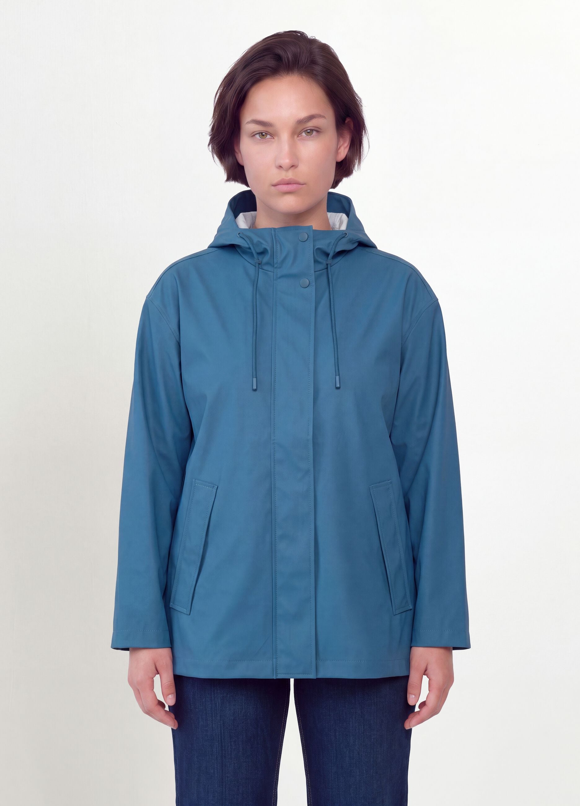 Blue hooded rain jacket with zip, regular fit