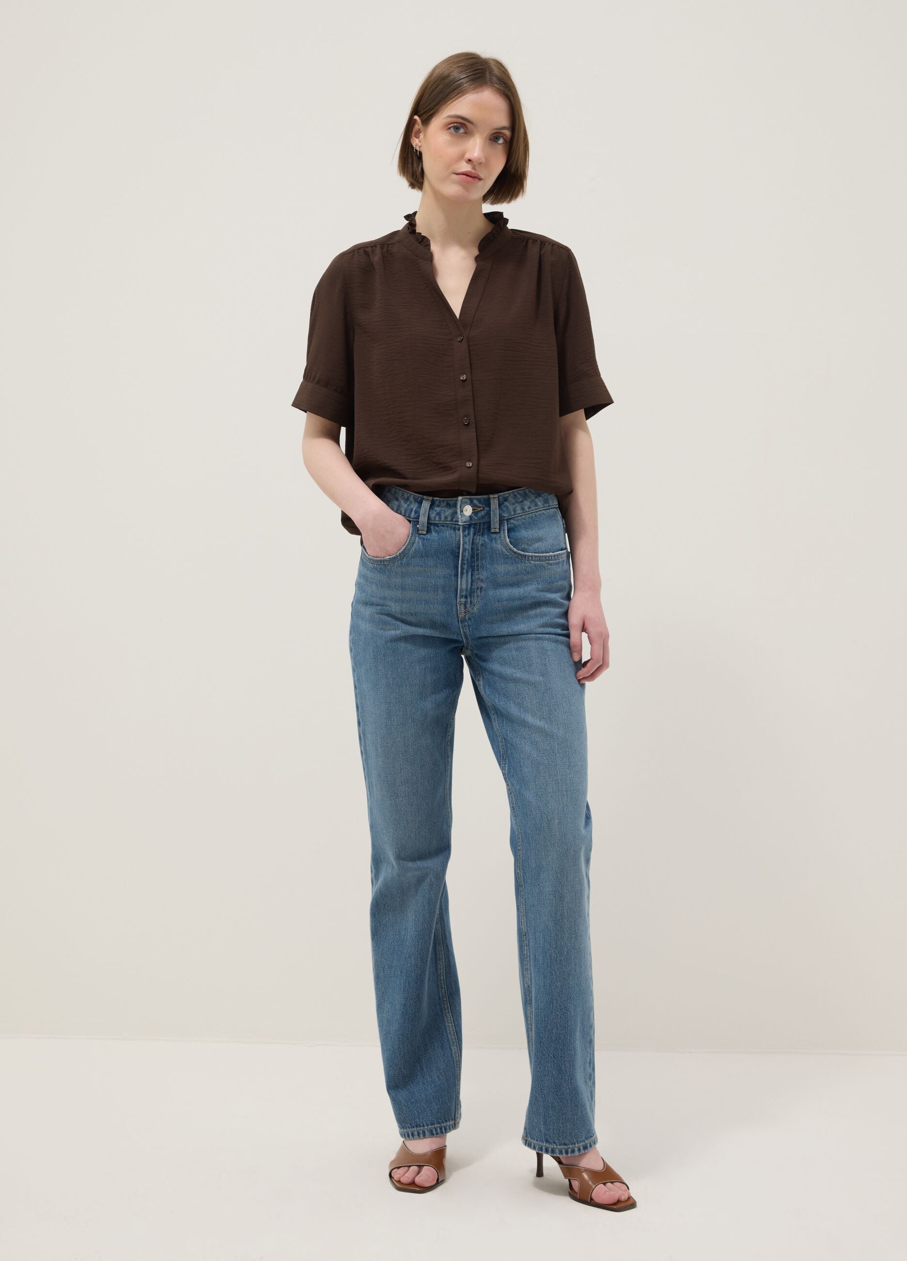 Brown regular-fit shirt with gathered collar