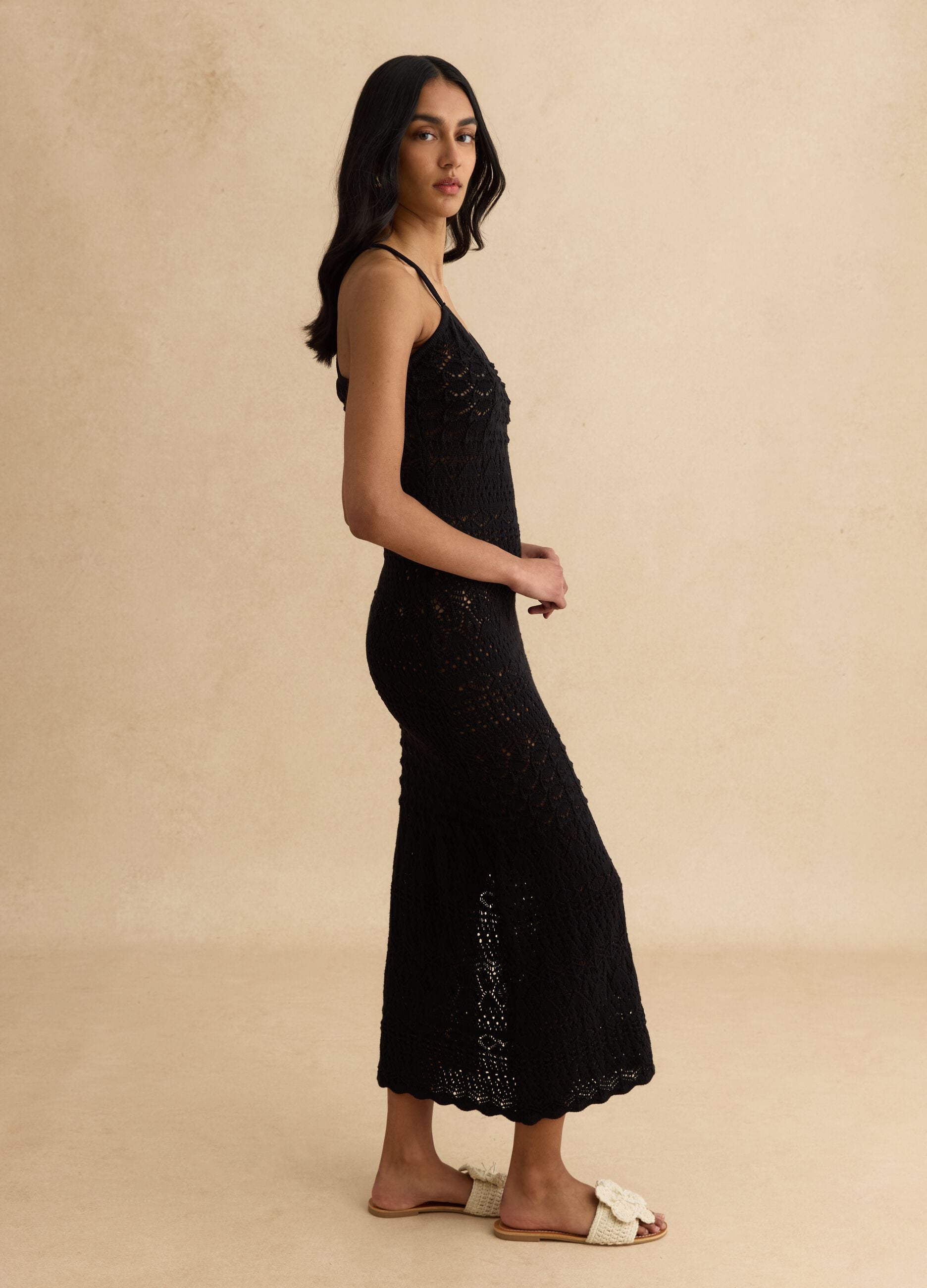 Pure cotton black dress with deep v-neck