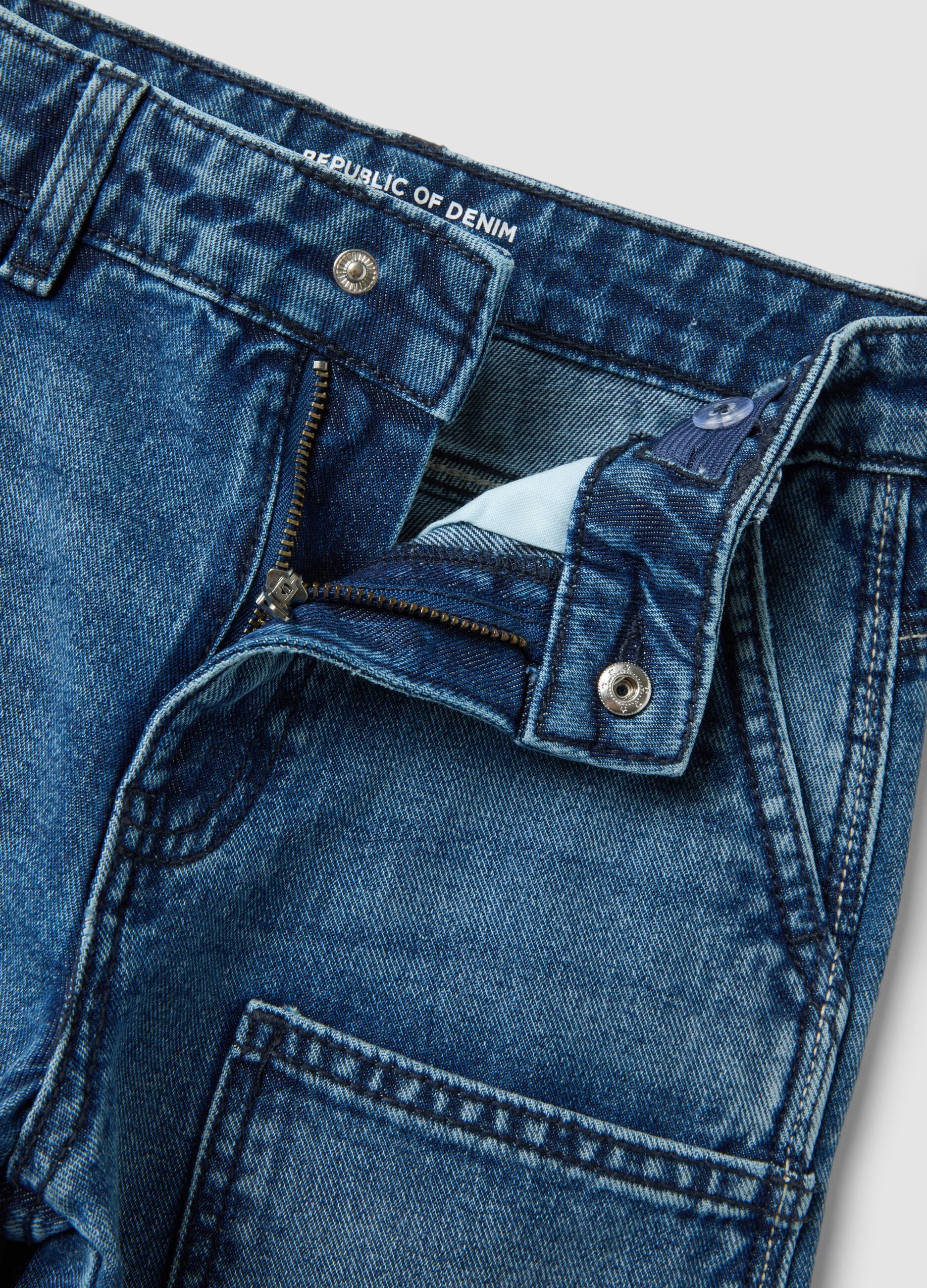 Blue pure cotton jeans with patch pockets, loose fit for boys