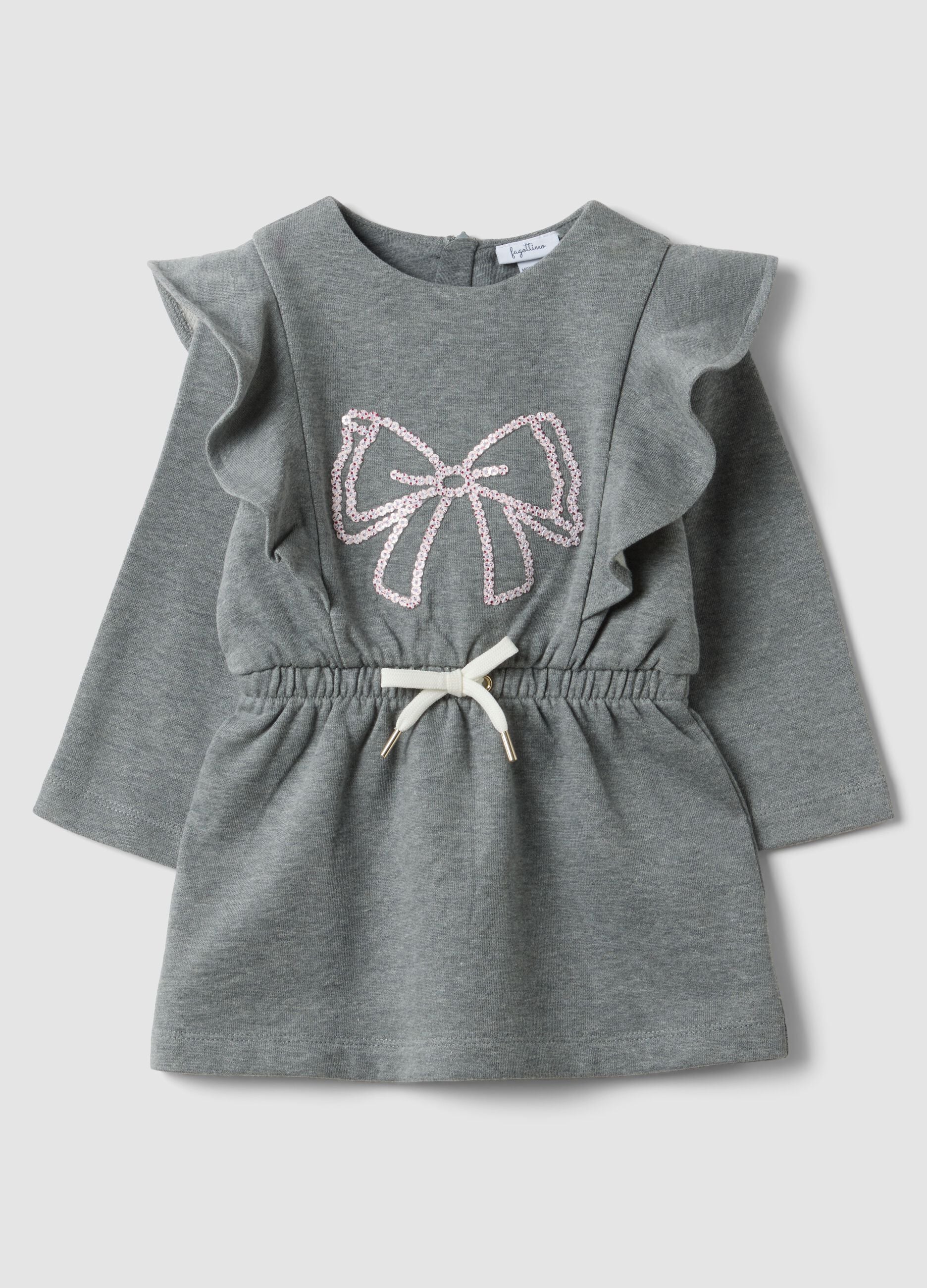 Grey cotton-blend dress with ruffles and bow for baby girl