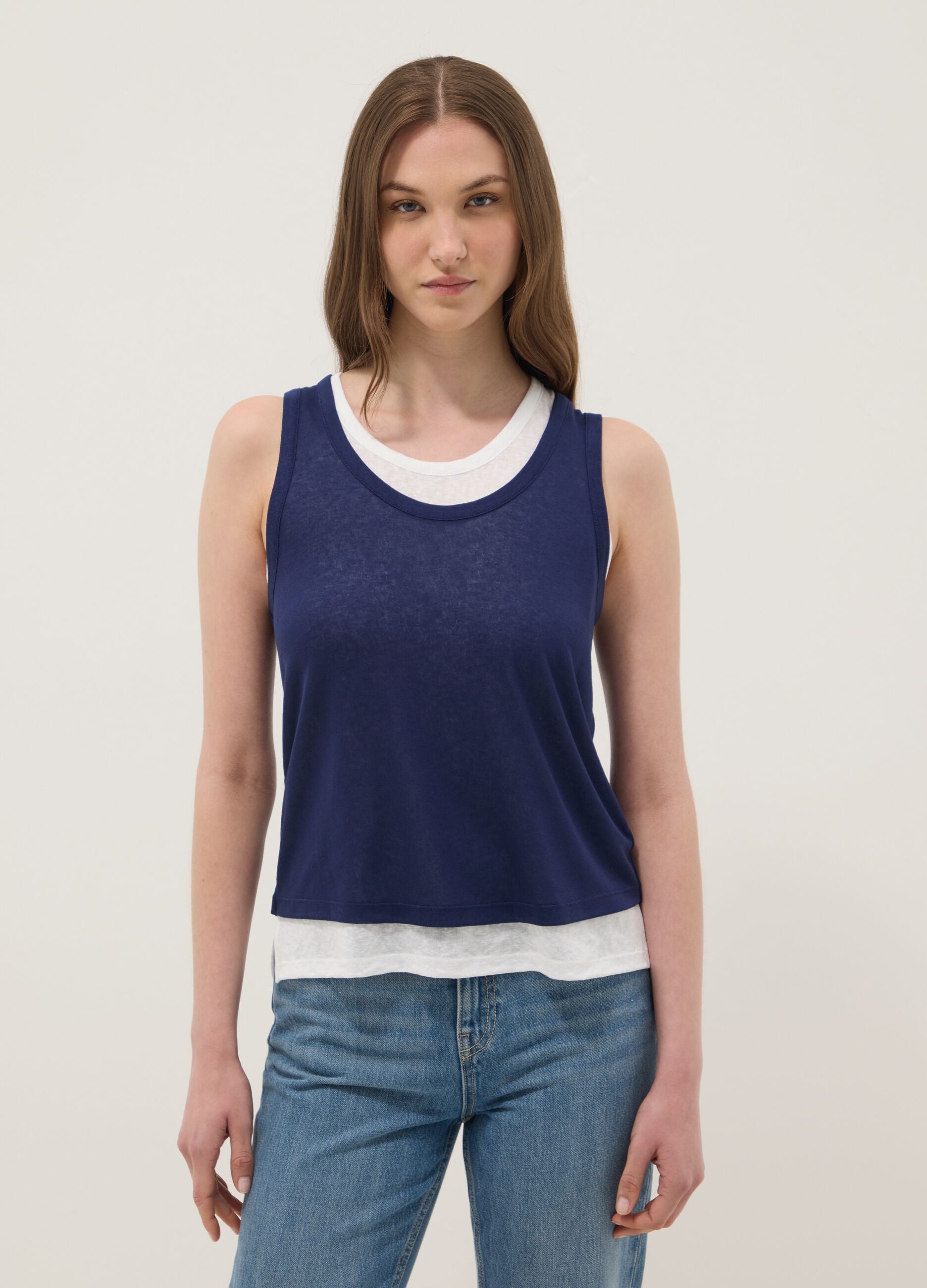 Blue viscose-blend regular-fit tank top