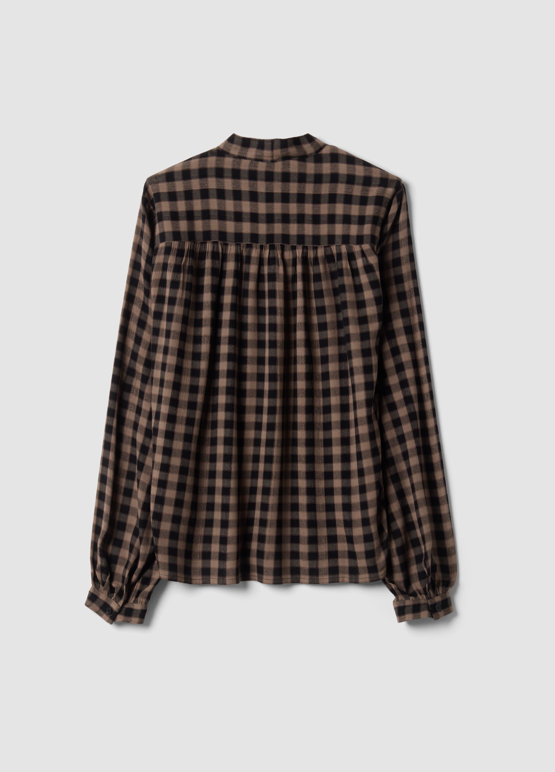 Brown checked pure viscose shirt with bow tie