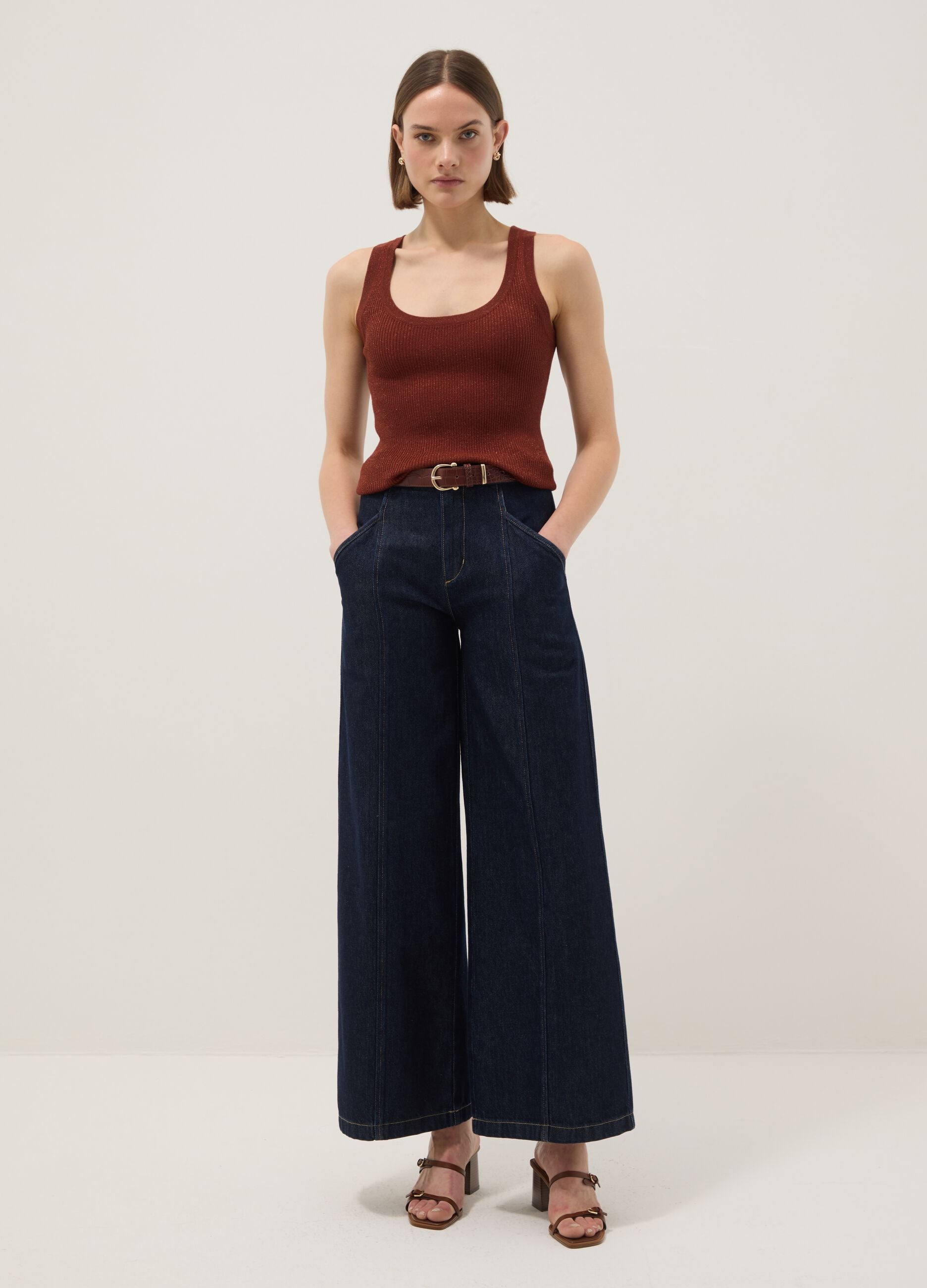 Brown viscose blend fitted tank top