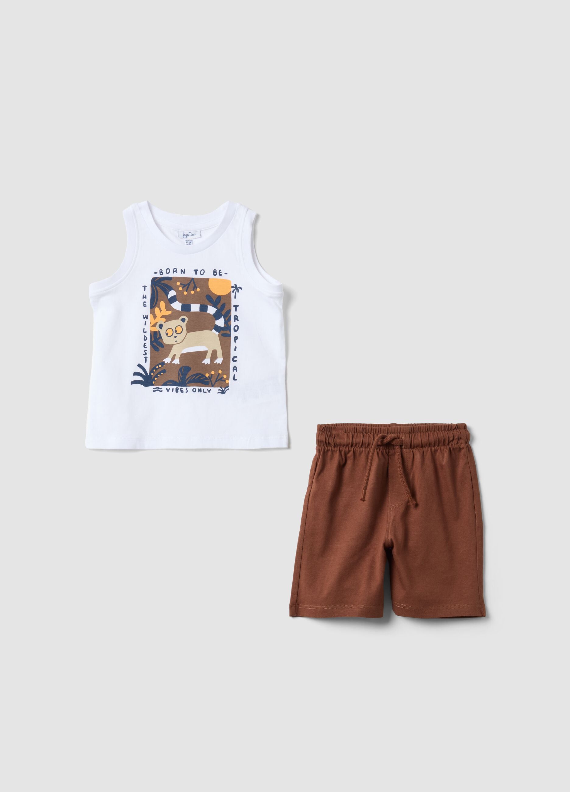 Completo bianco e marrone in puro cotone con top e shorts