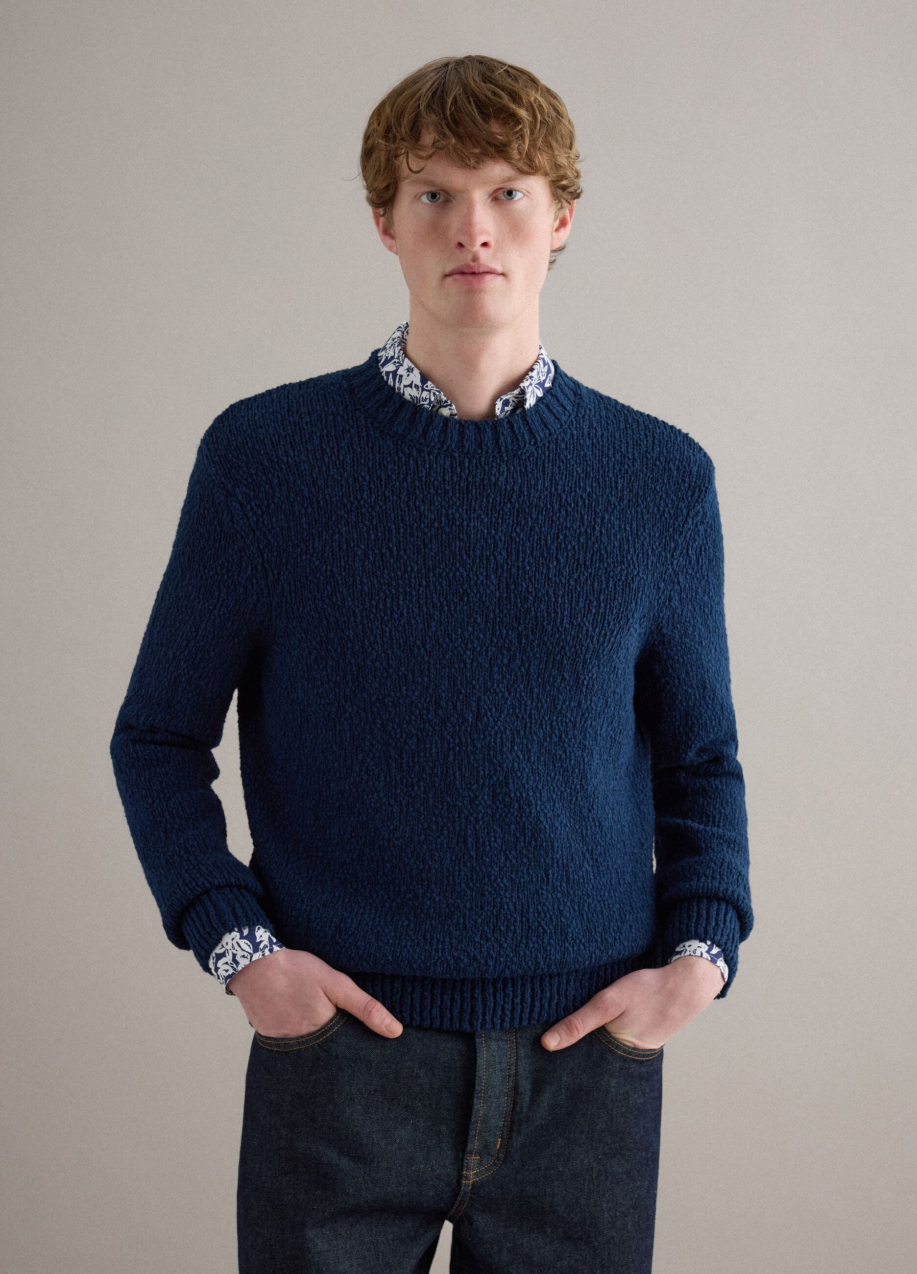 Long sleeve blue pure cotton pullover regular fit