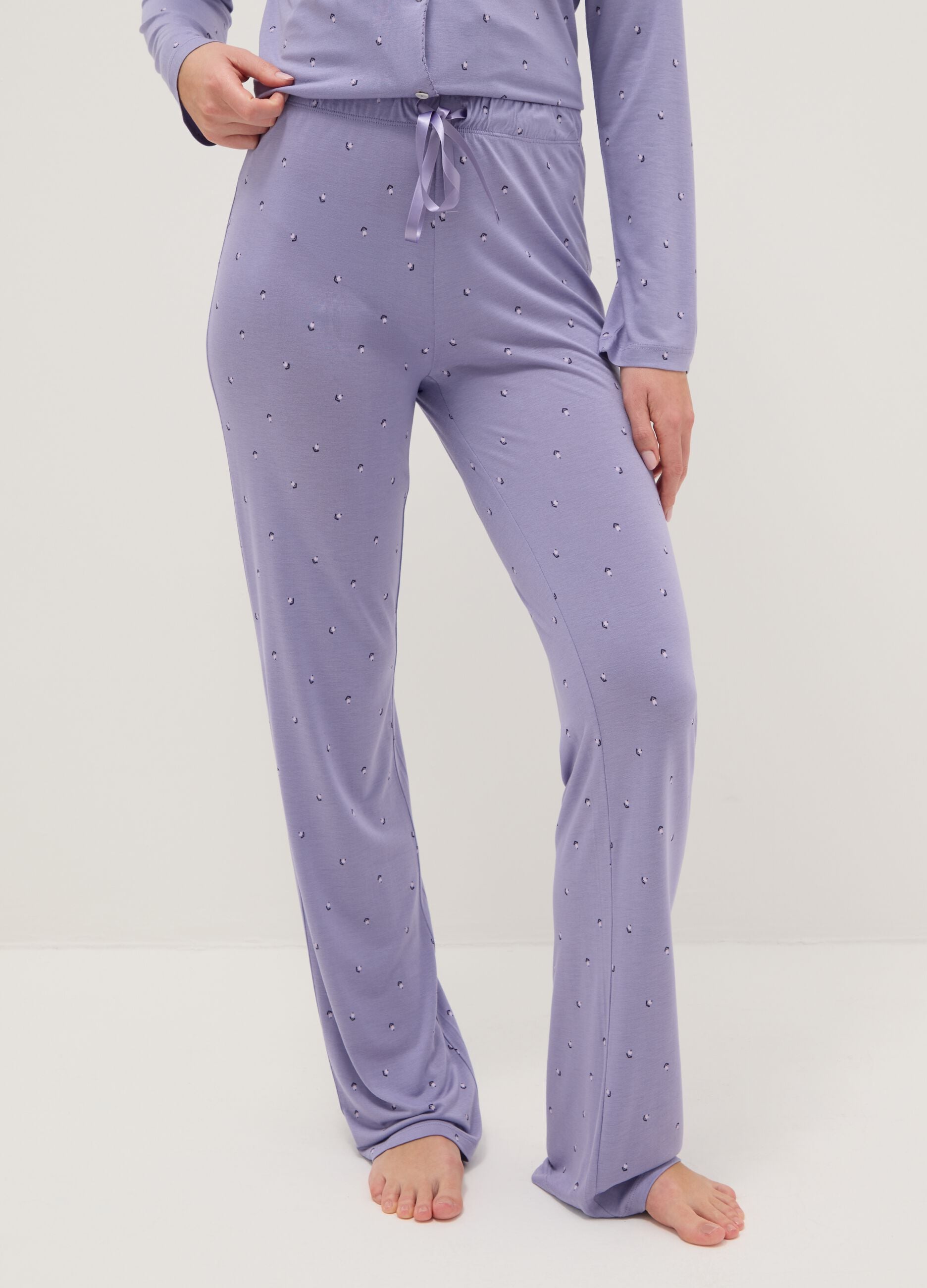 Pantaloni pigiama viola regular fit con dettagli in pizzo e fantasia