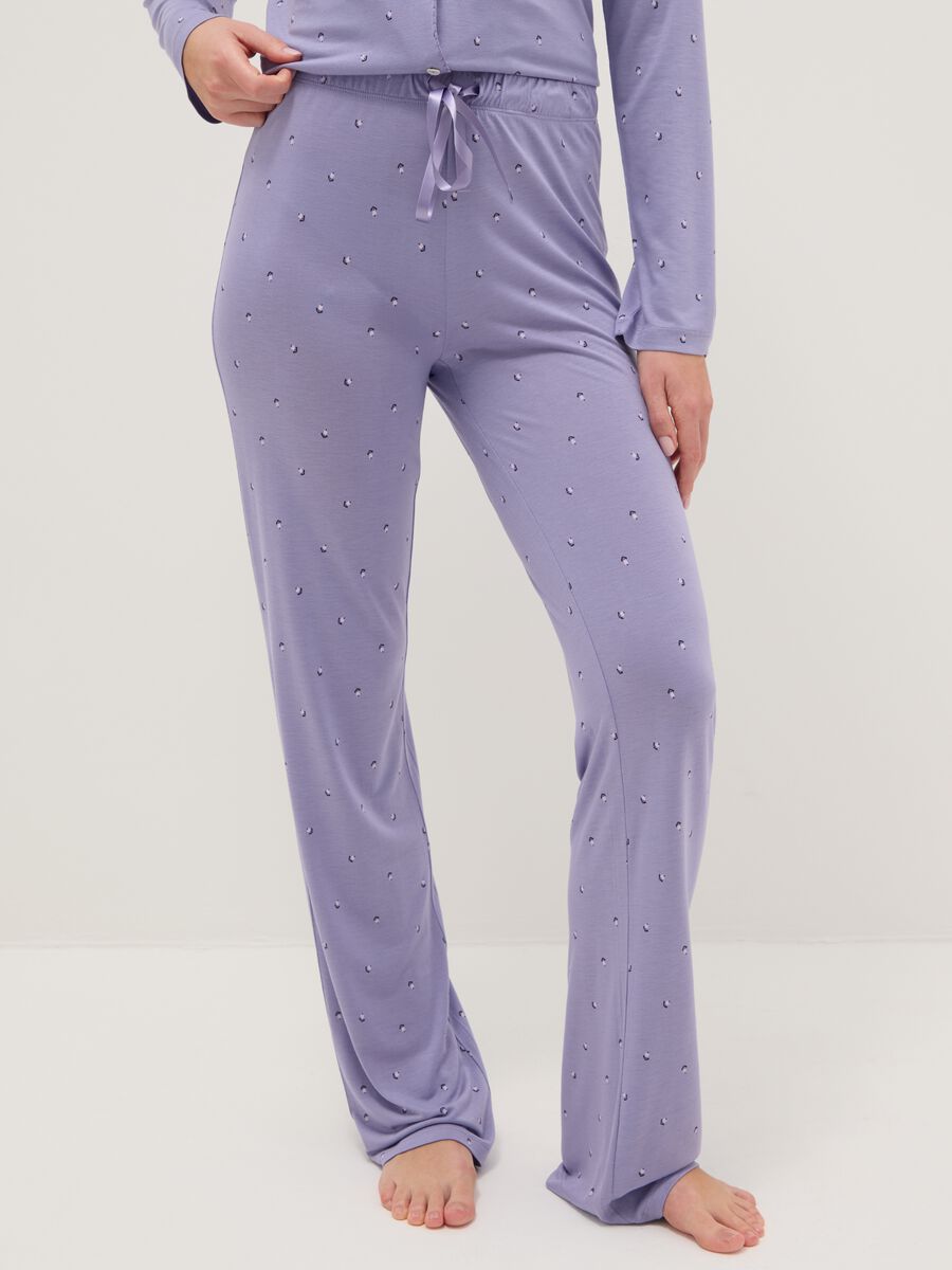 Pantaloni pigiama viola regular fit con dettagli in pizzo e fantasia_1