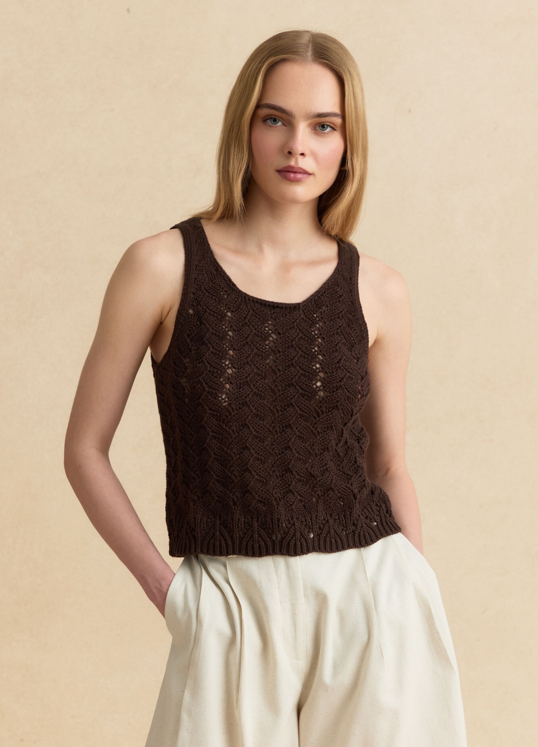 Brown pure cotton crochet tank top