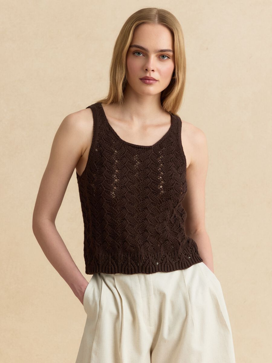 Brown pure cotton crochet tank top_1