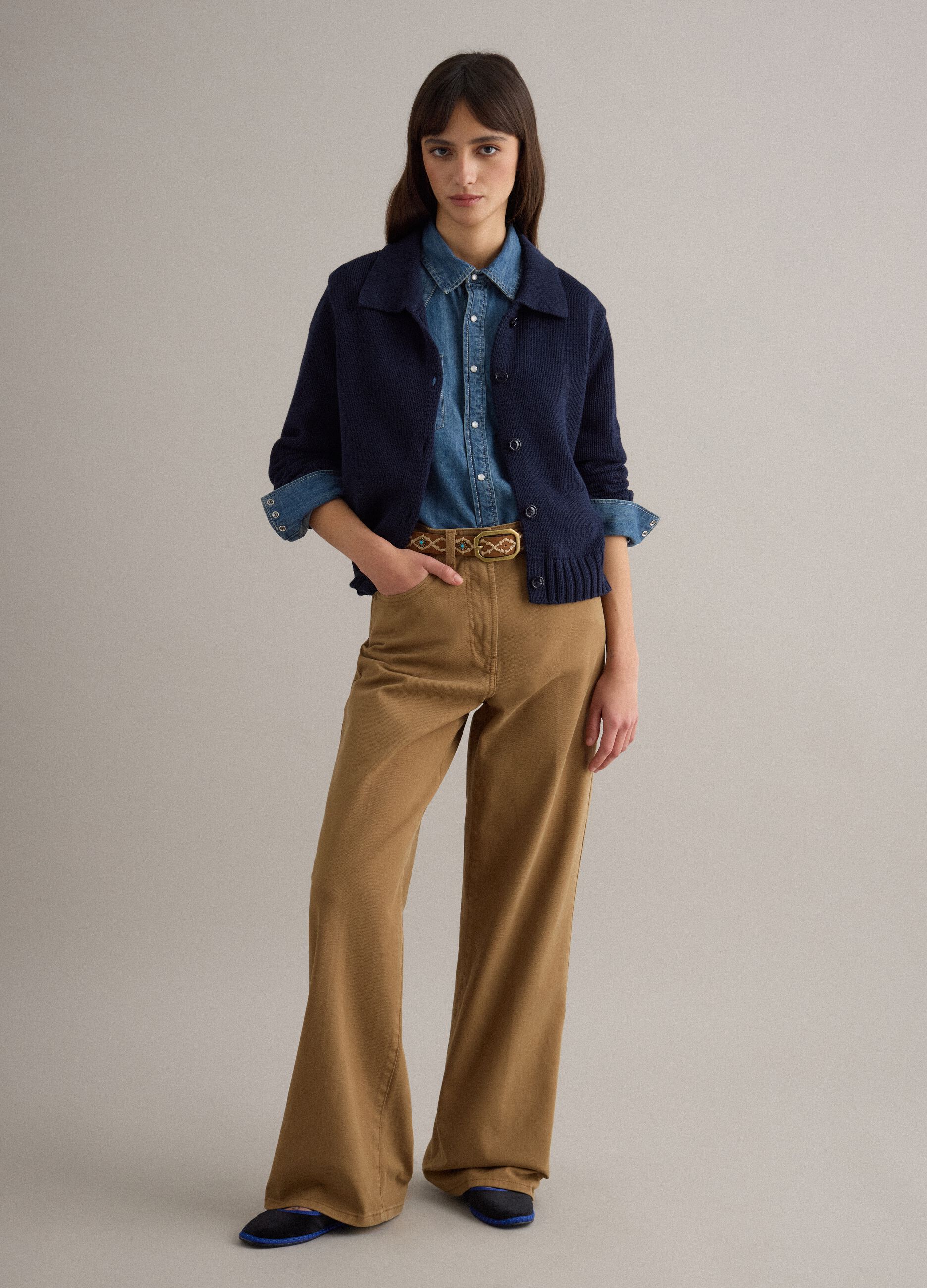 Blue cotton cardigan with polo collar, regular fit