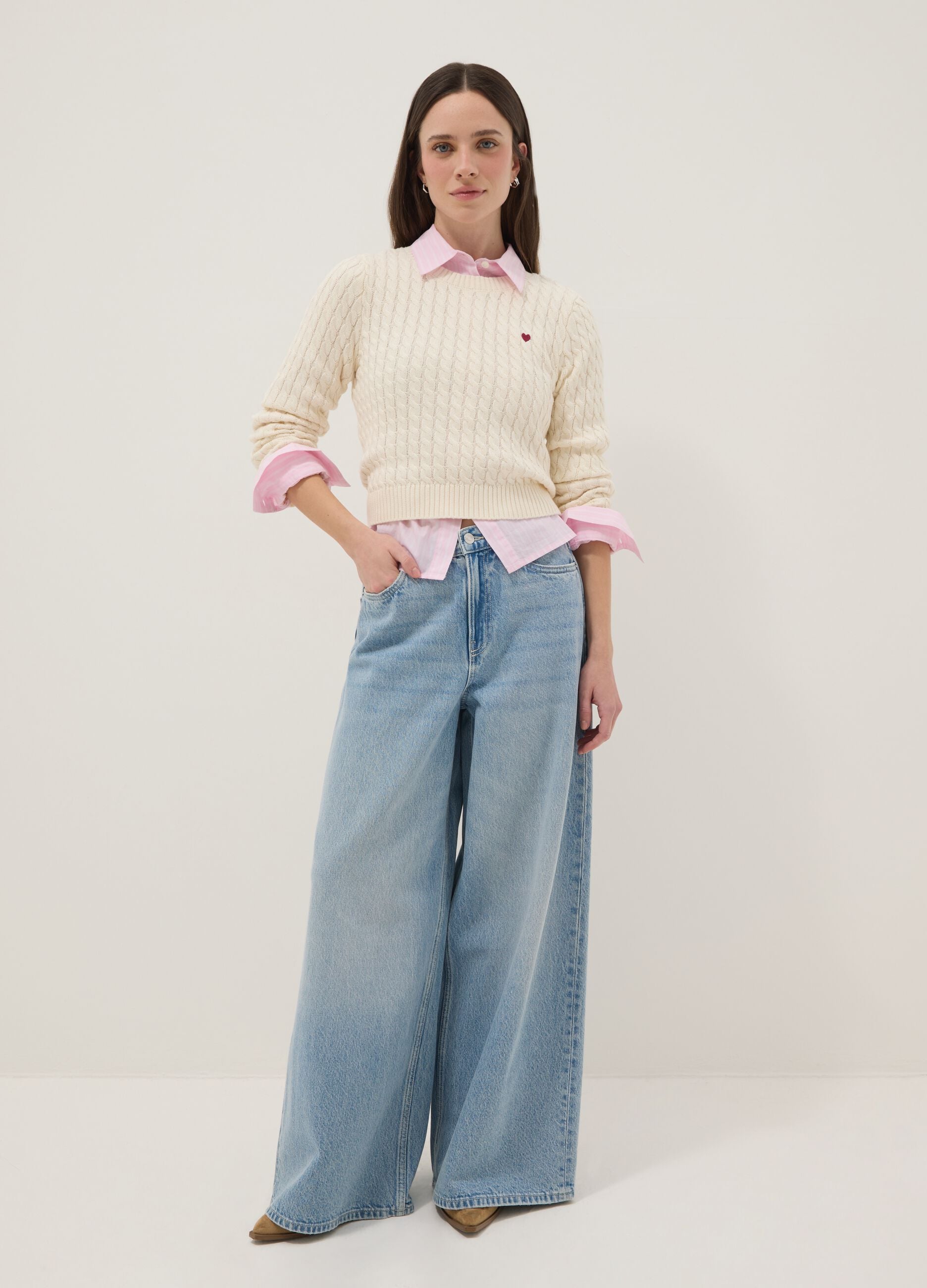 White pure cotton regular fit pullover with cable knit design