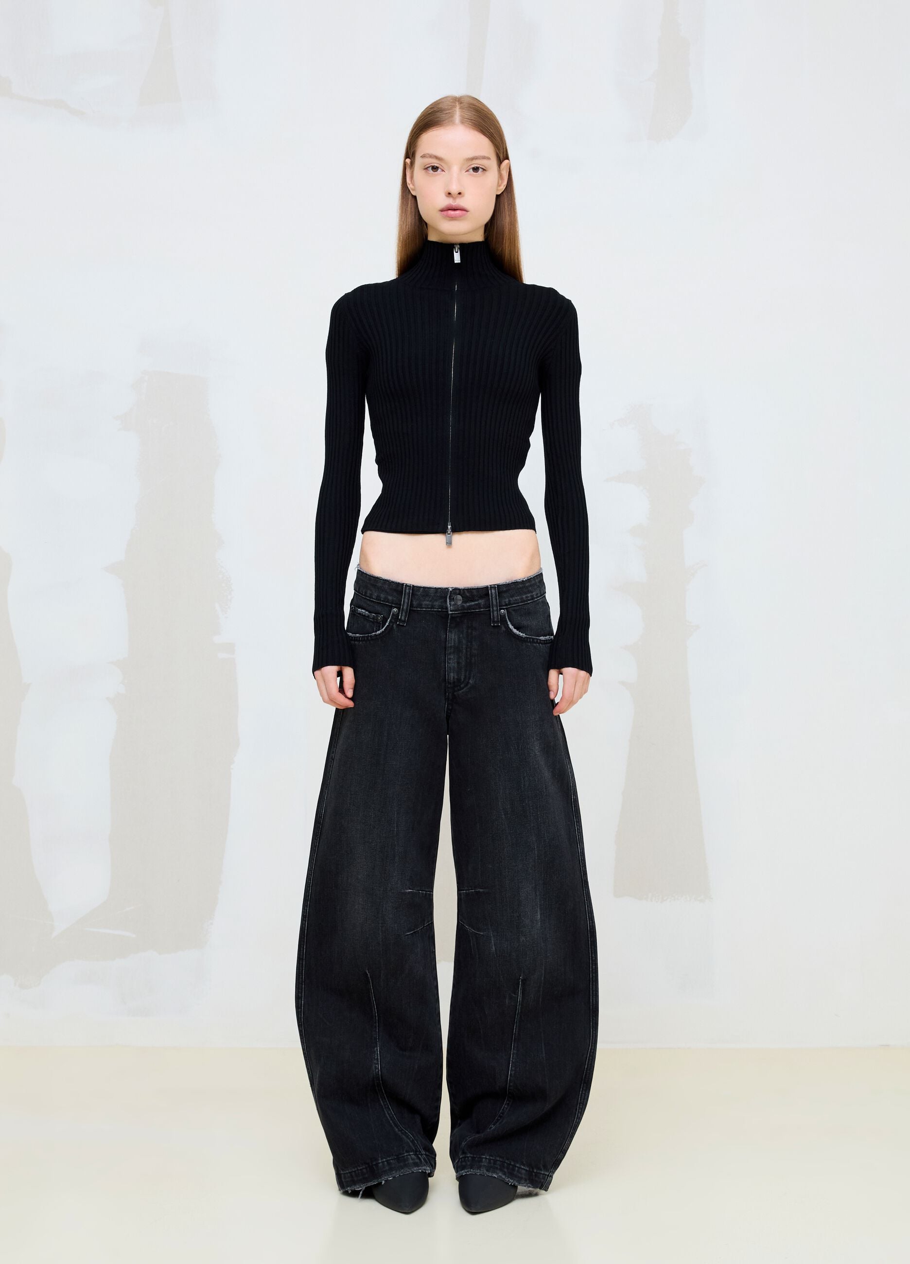 Black Ribbed Knit Full-Zip