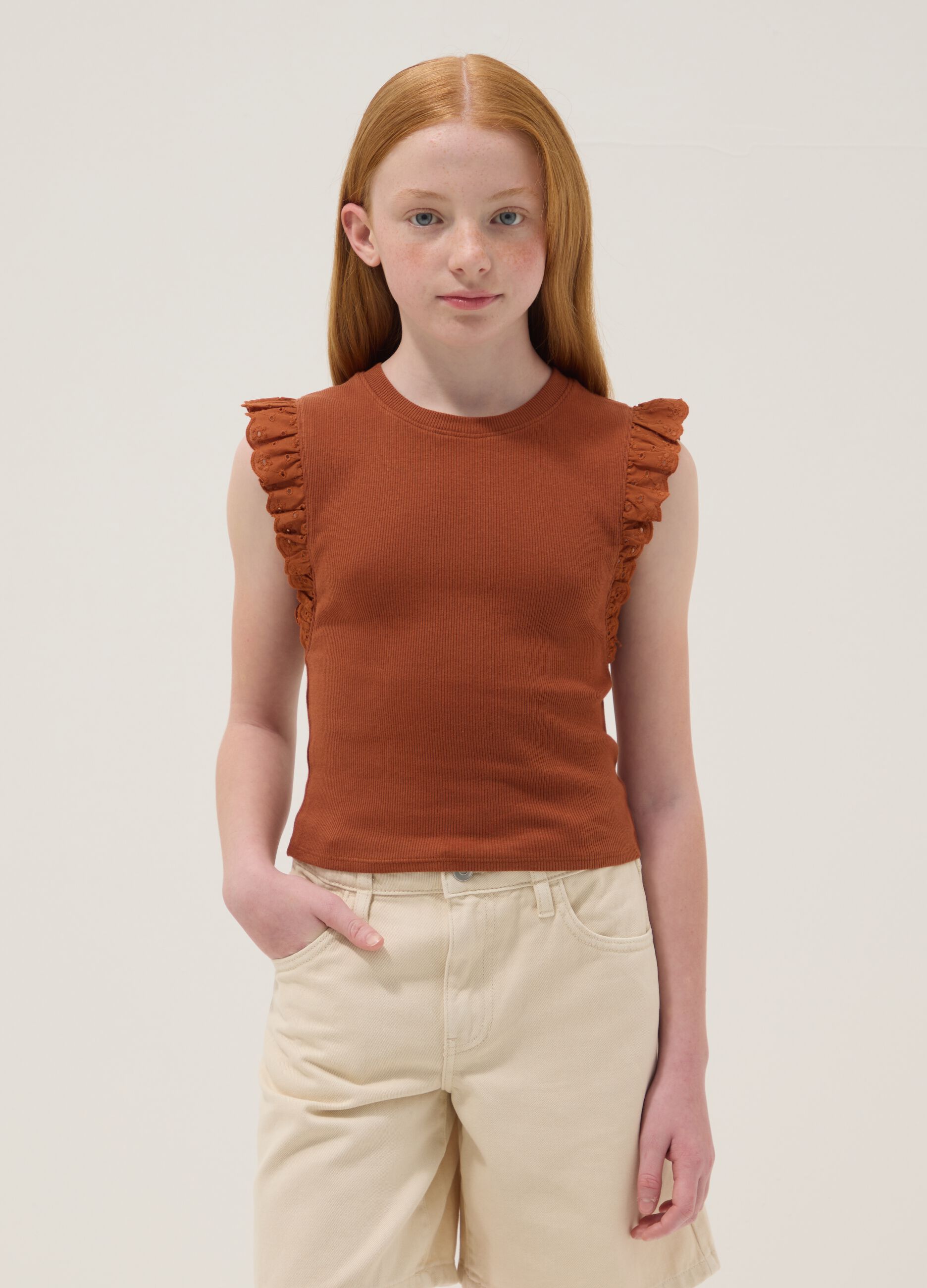 Brown stretch cotton T-shirt with ruffles