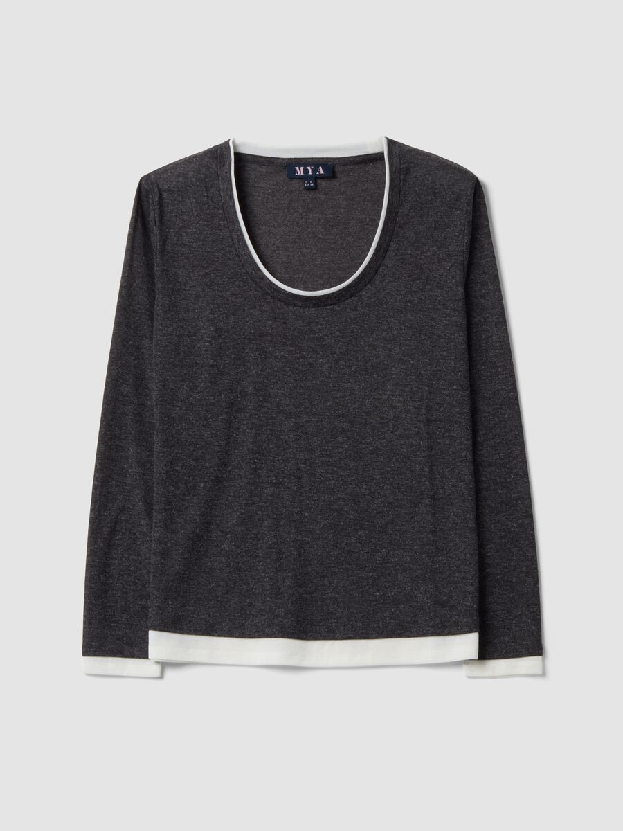 Grey viscose-blend T-shirt with white contrast crew neck, regular fit_0
