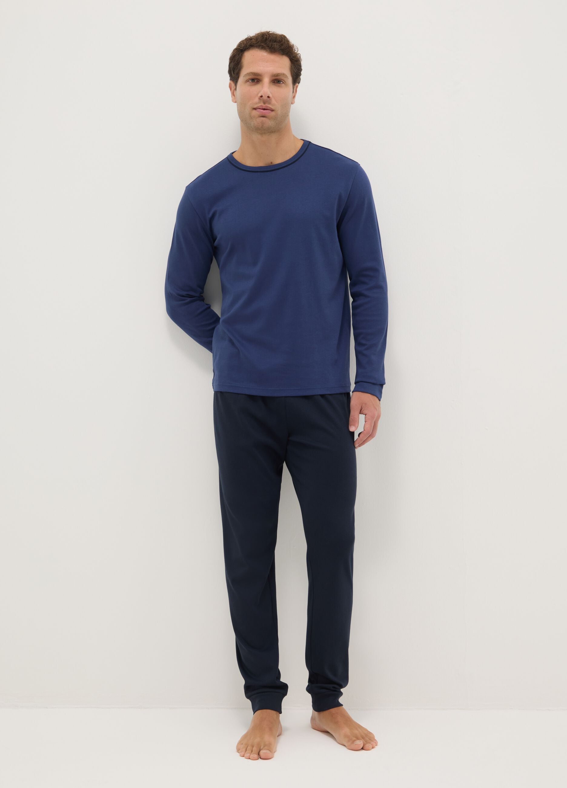 Blue crew-neck pyjama with long sleeves in pure cotton regular fit