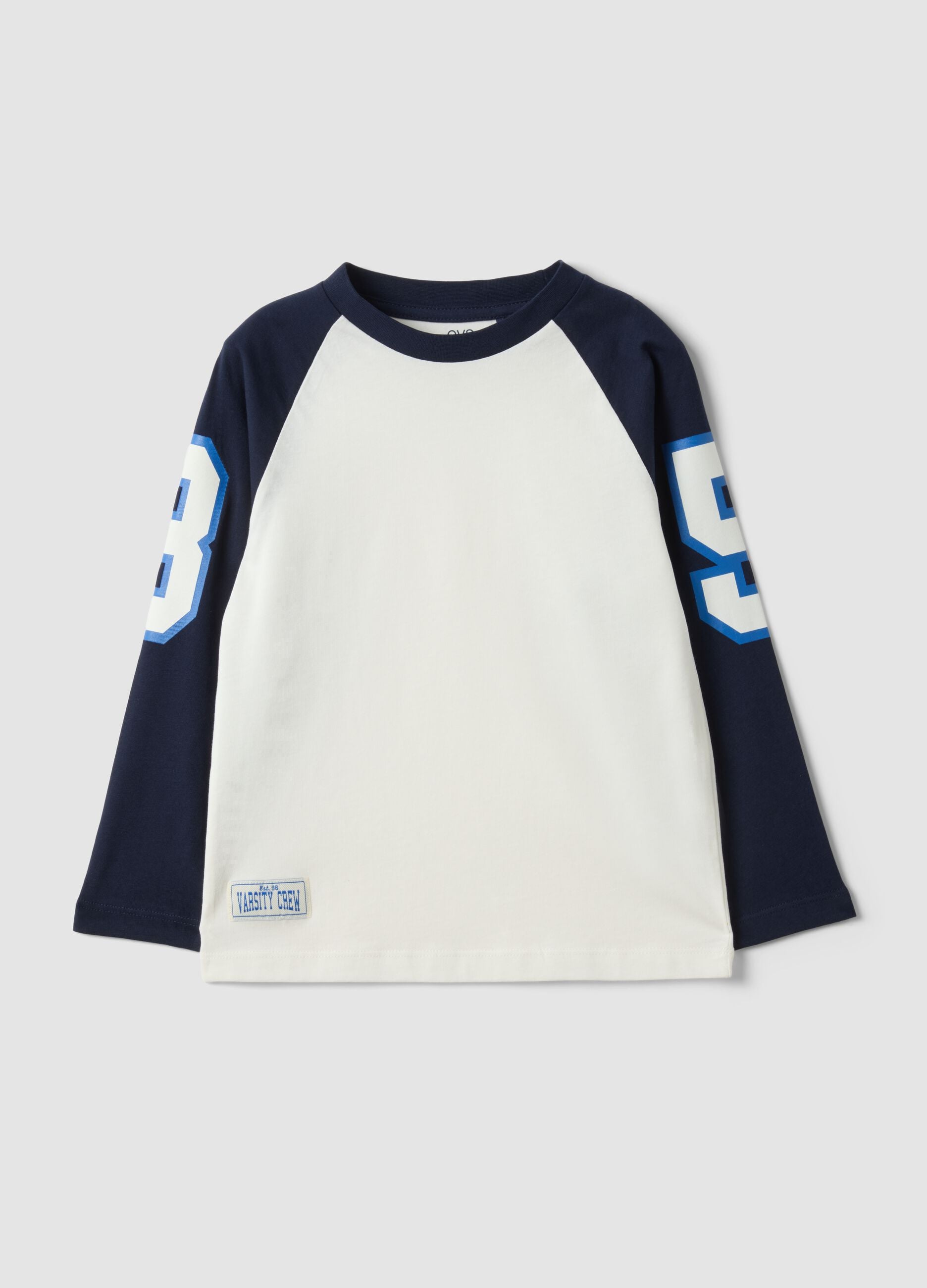 White pure cotton boys&rsquo; T-shirt with crew neck and raglan sleeves