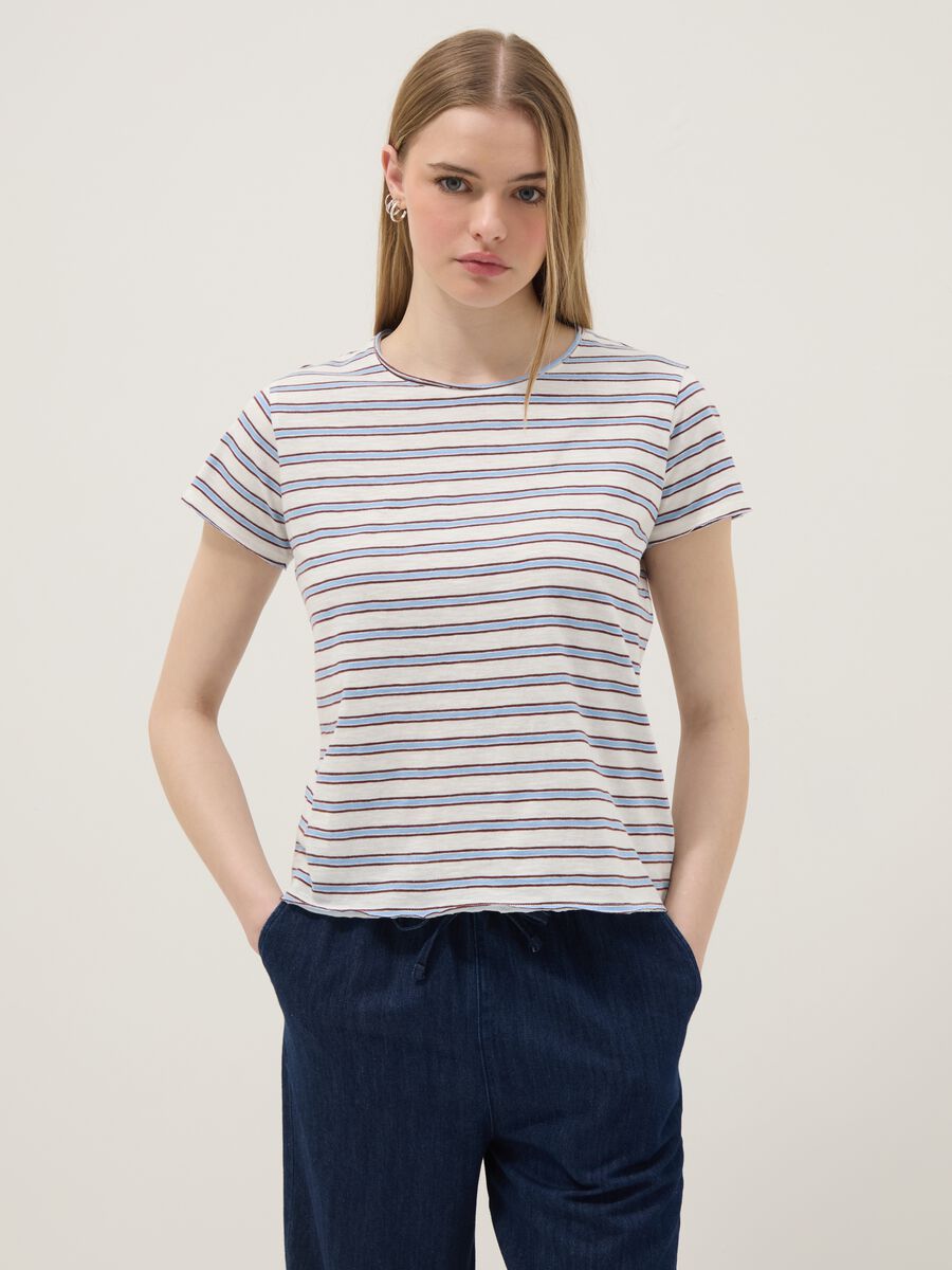 T-shirt a maniche corte in puro cotone a righe multicolor regular fit_1