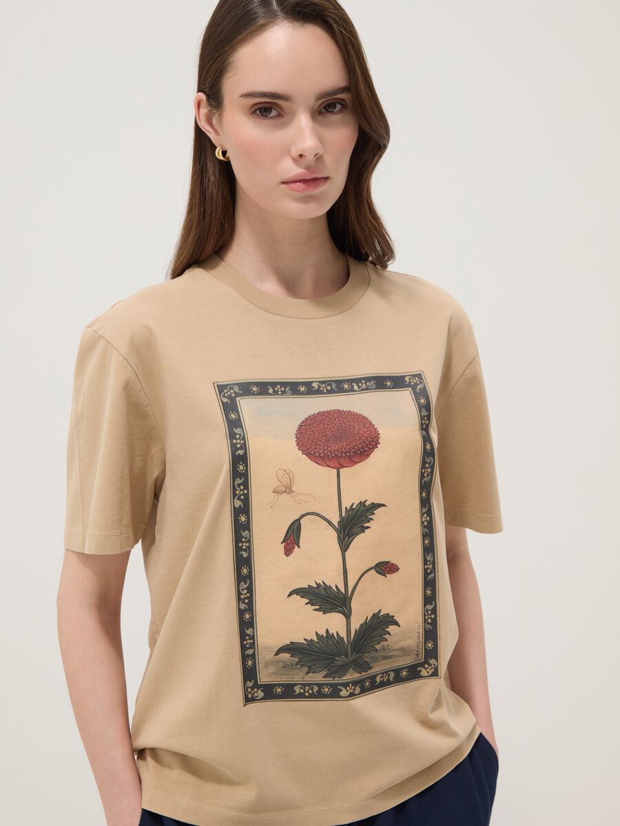 Beige pure cotton T-shirt with floral print_0