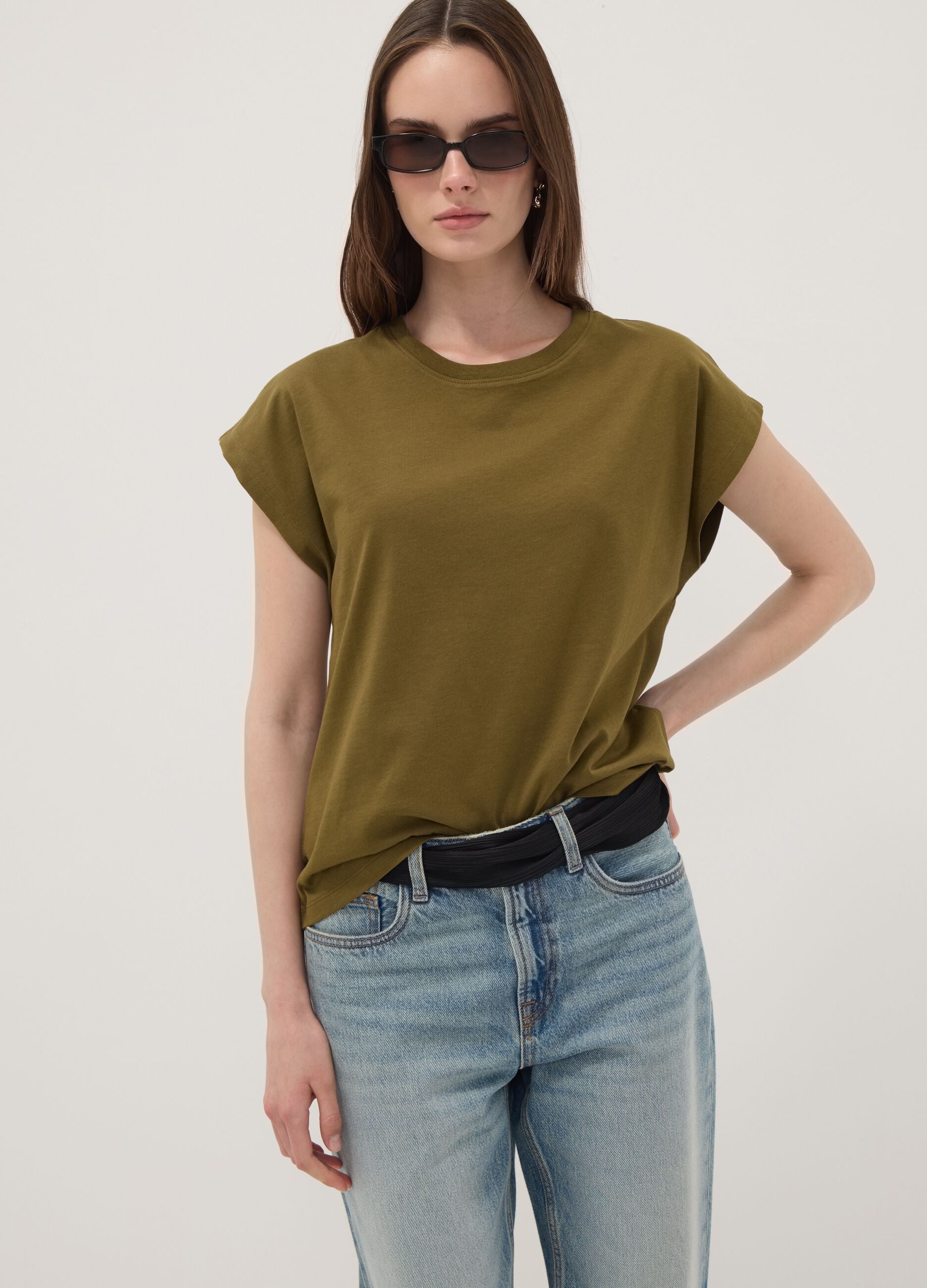 Green pure cotton regular-fit short-sleeve T-shirt