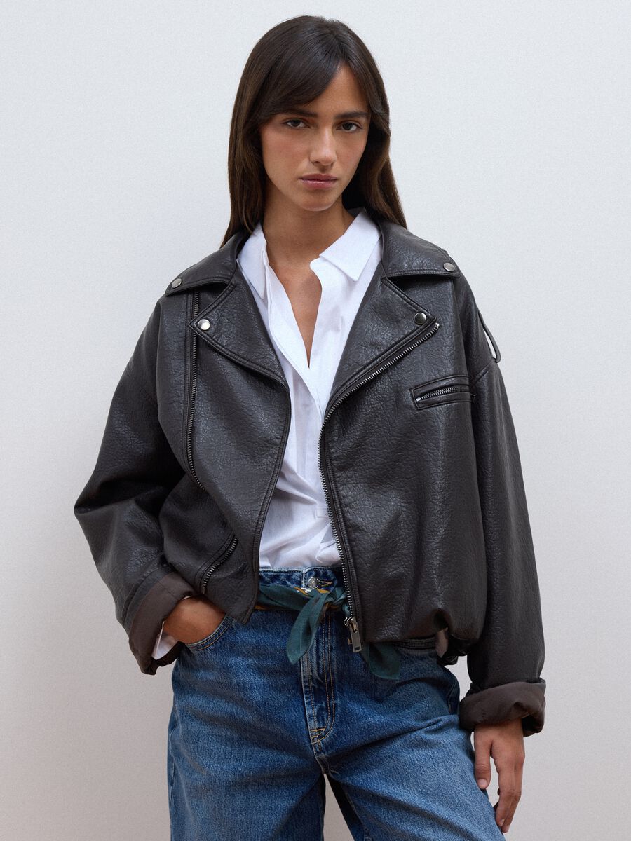 Brown biker jacket in viscose blend_1