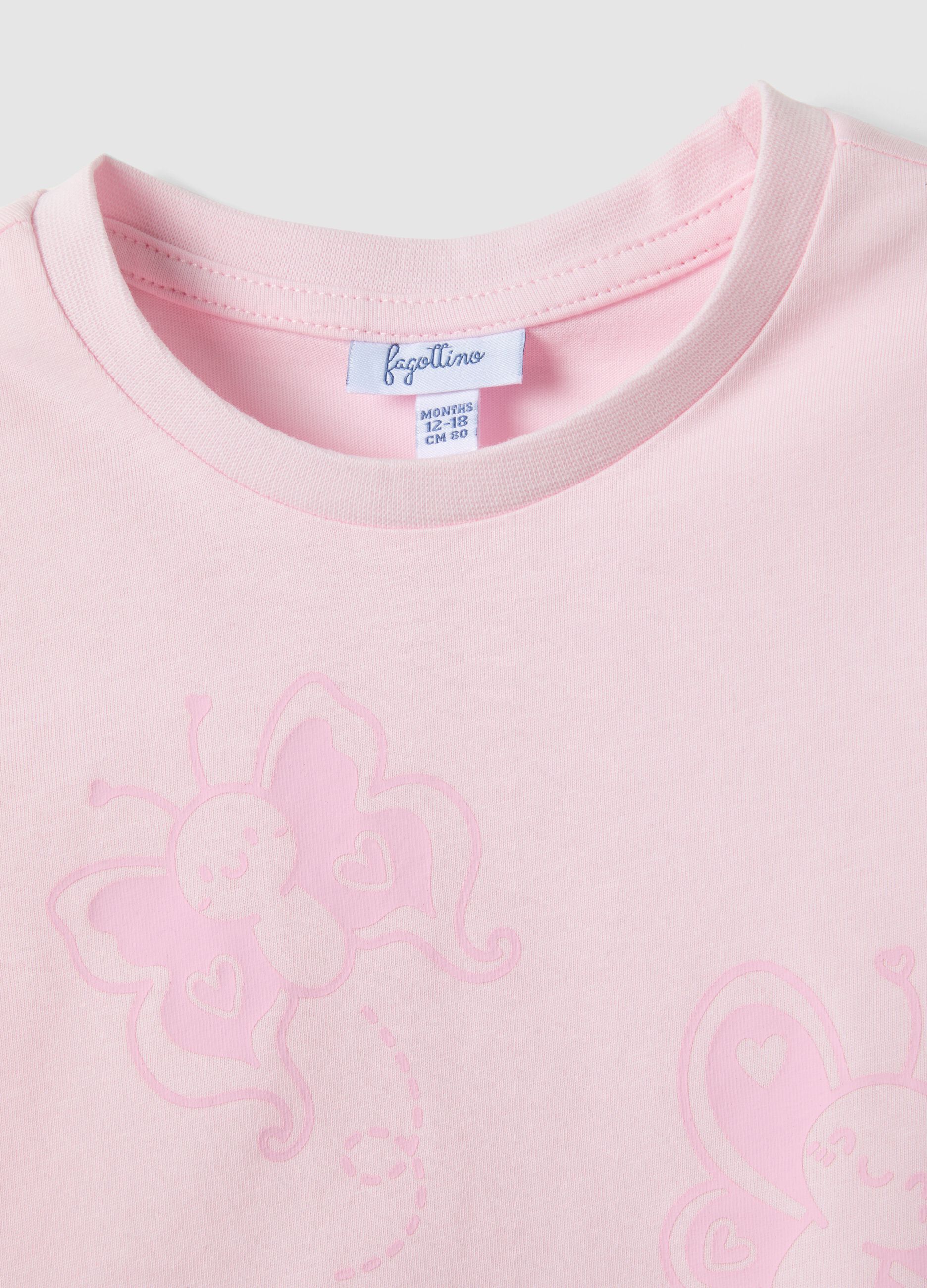 Girls' Pink Pure Cotton T-shirt with Butterflies, Regular Fit