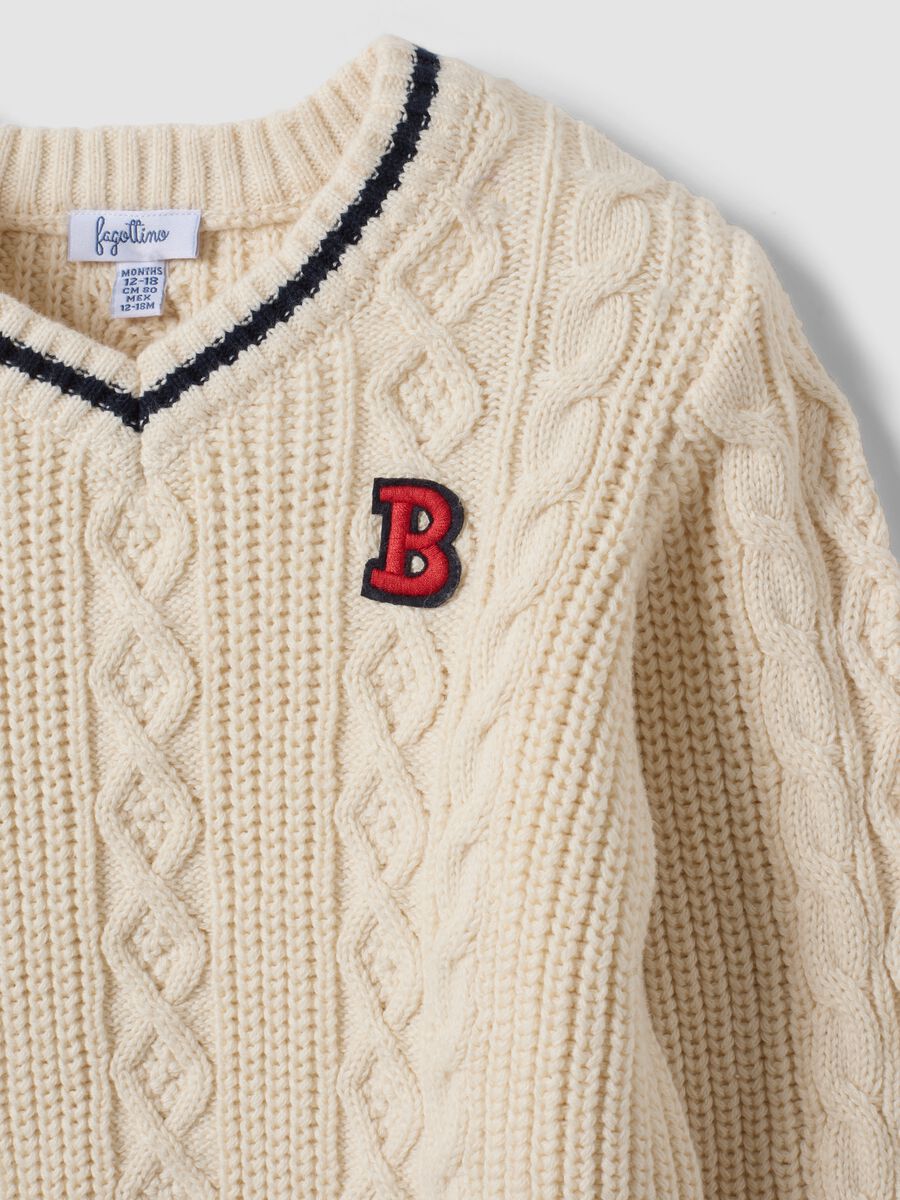 White pure cotton cable-knit V-neck jumper for boys_2