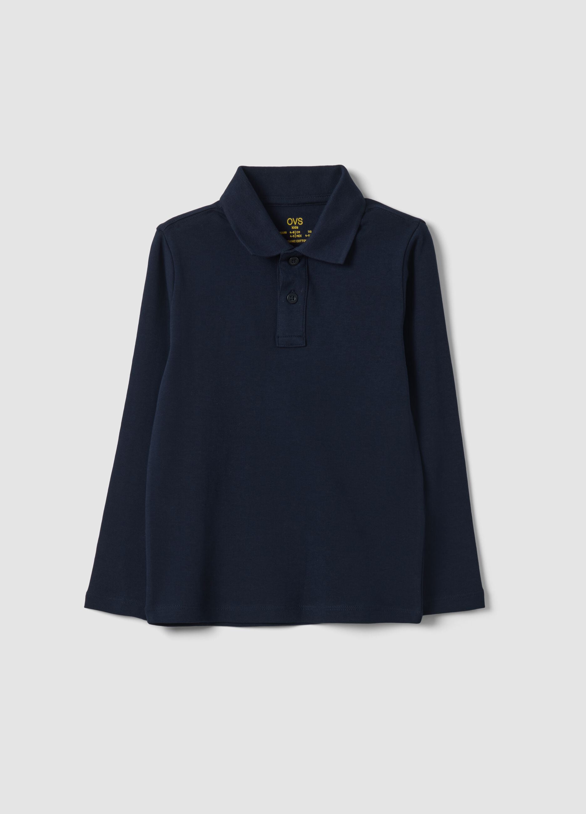 Blue long-sleeve polo shirt in pure organic cotton