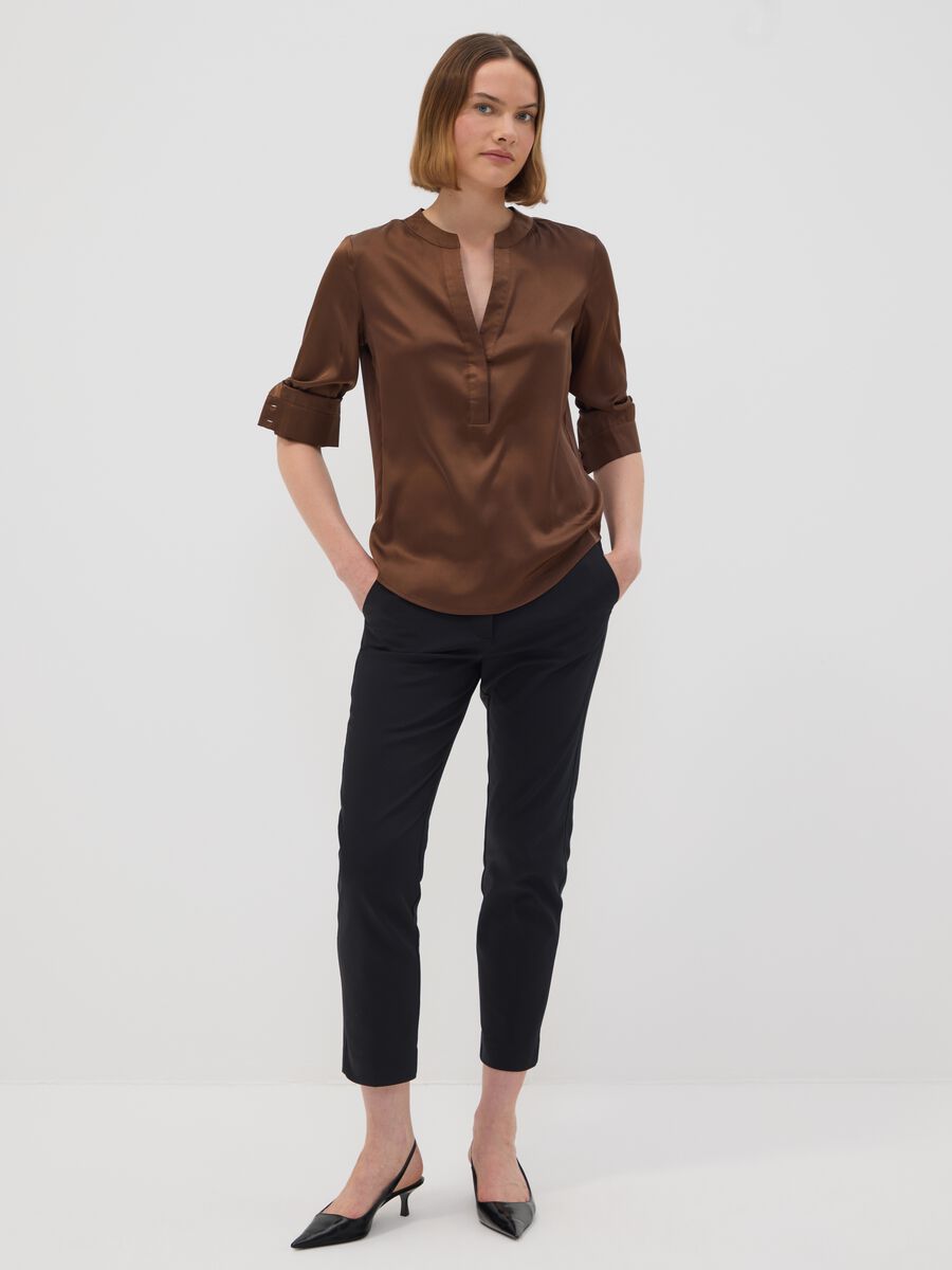 Brown stretch-fabric shirt with mandarin collar_1