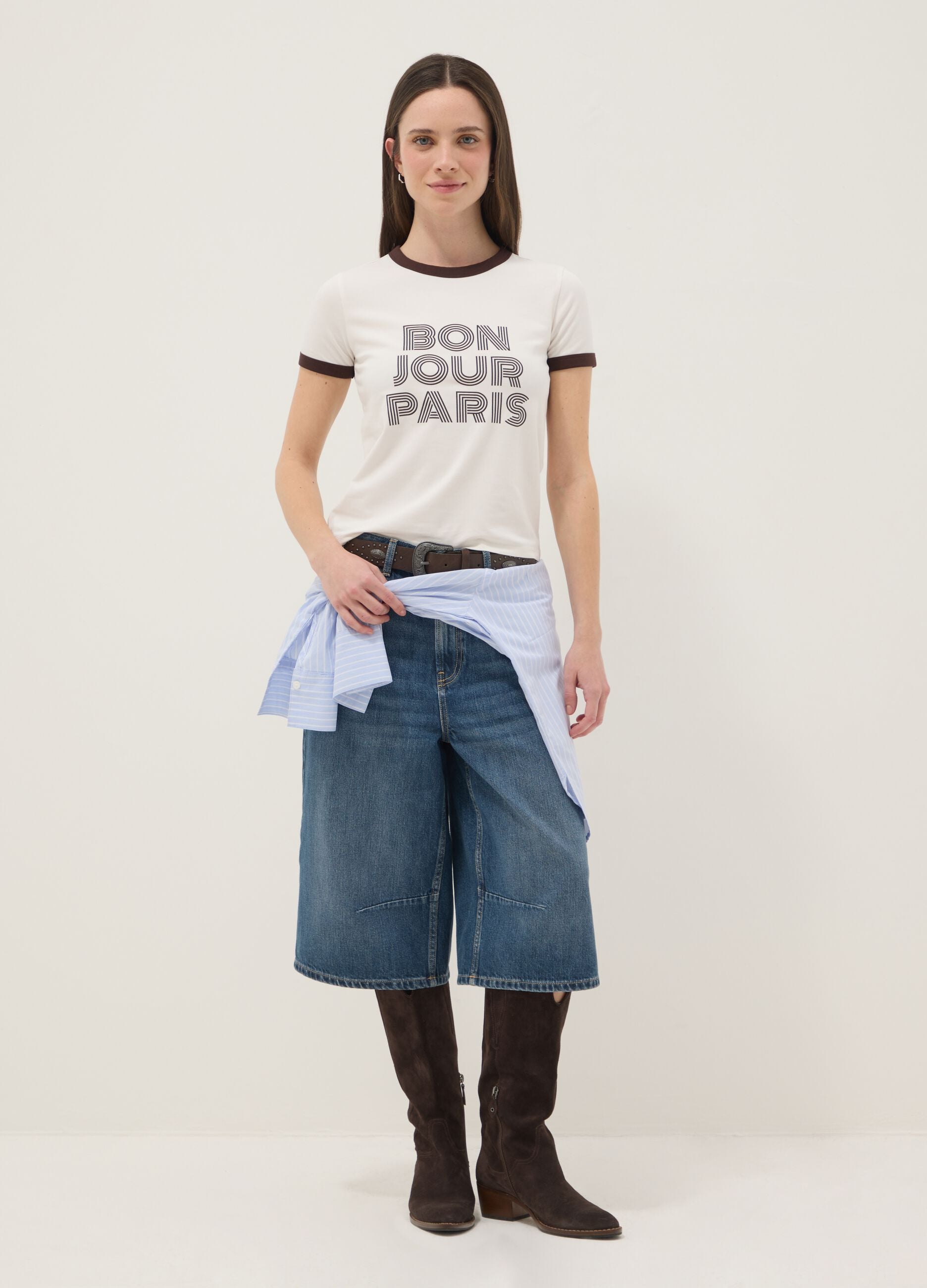 White stretch cotton regular fit T-shirt with print