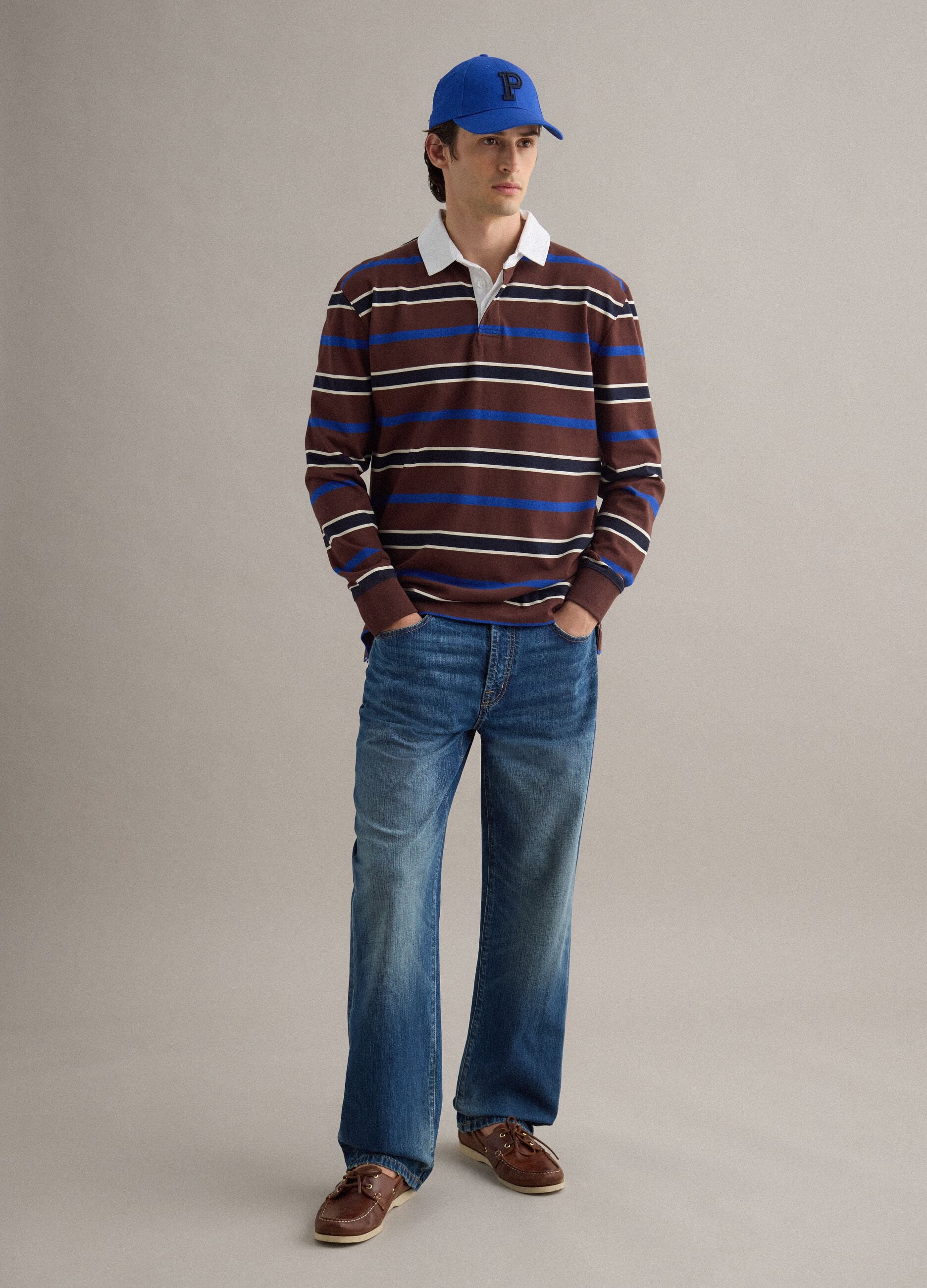Multicolour striped long-sleeve polo in pure cotton, regular fit