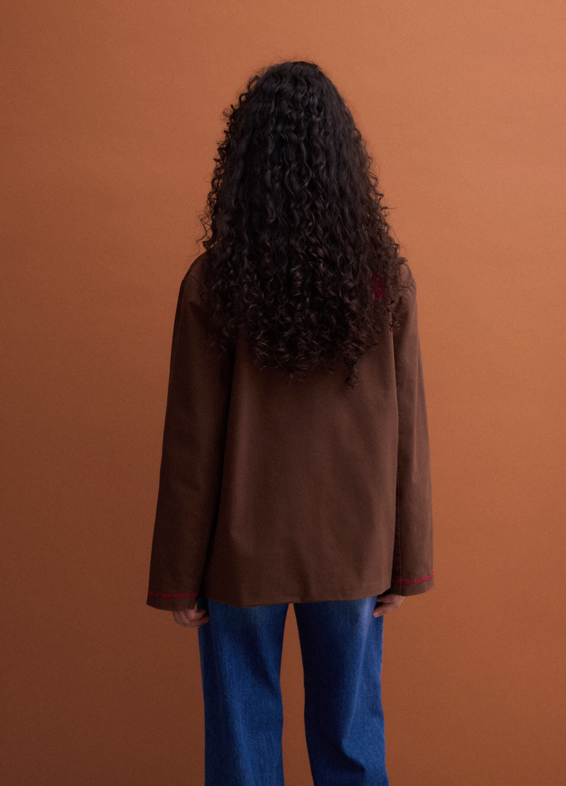 Brown pure cotton shacket with contrasting embroidery, regular fit